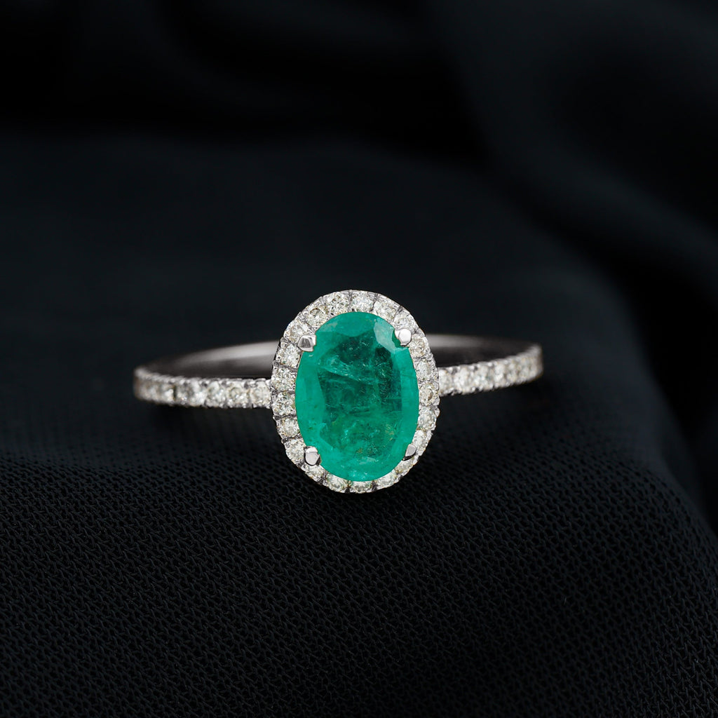 Genuine 6X8MM Oval Emerald Engagement Ring with Diamond Halo