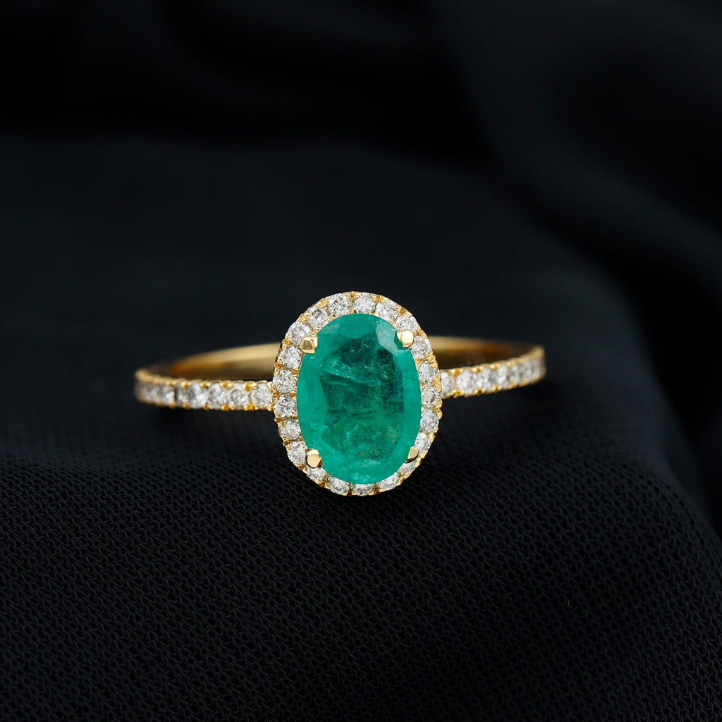 Genuine 6X8MM Oval Emerald Engagement Ring with Diamond Halo