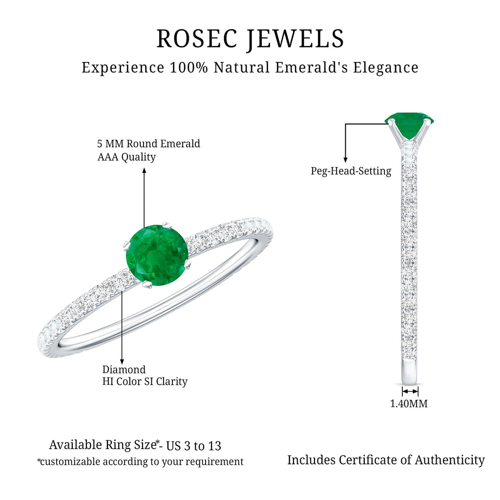 0.49 Carat Emerald Dainty Solitaire Ring with French Pave Set Diamond