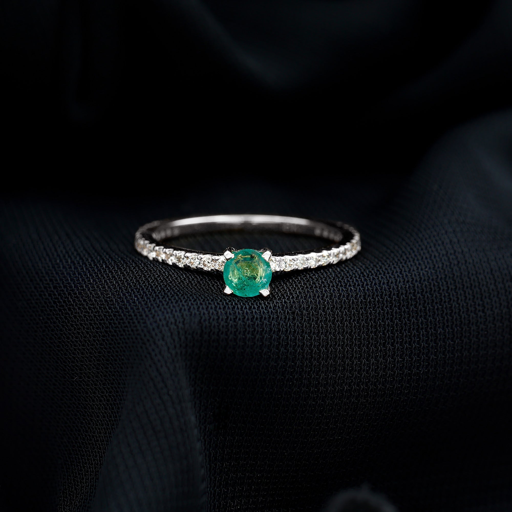 0.49 Carat Emerald Dainty Solitaire Ring with French Pave Set Diamond
