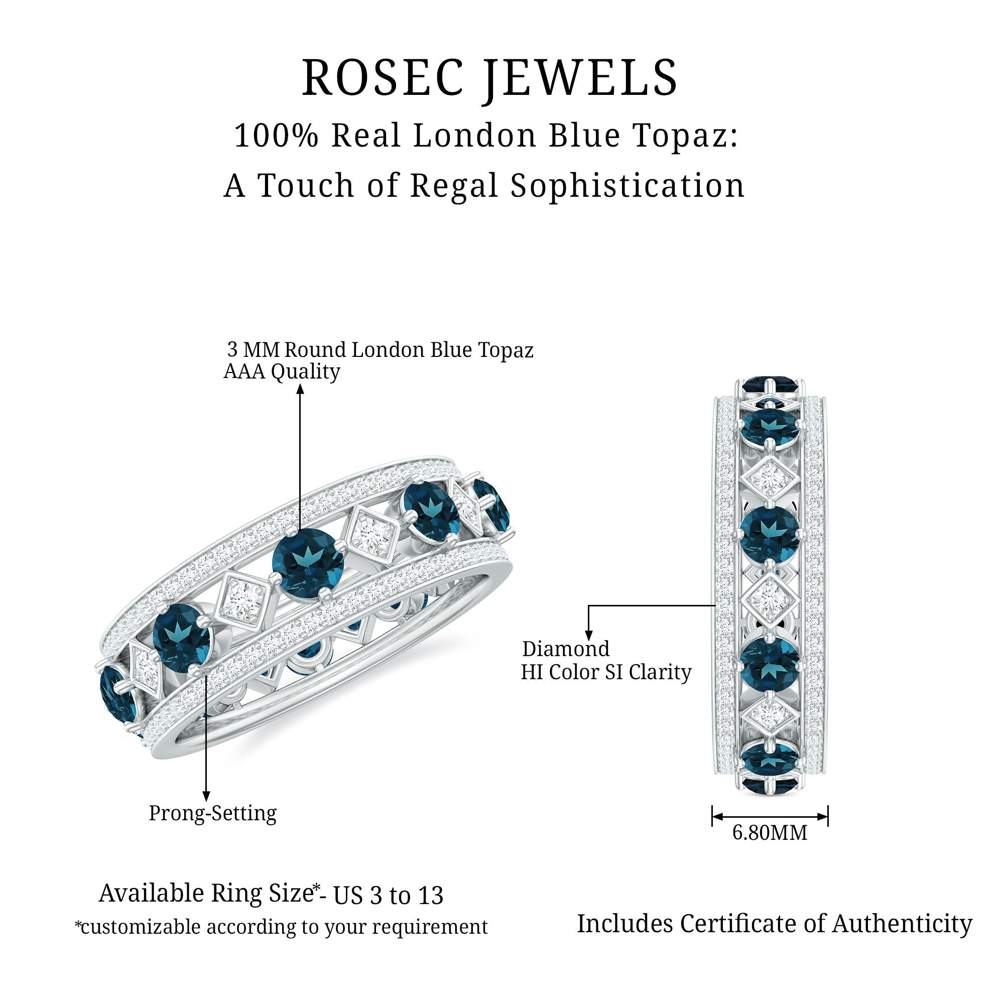 London Blue Topaz Vintage Inspired Eternity Band with Diamond