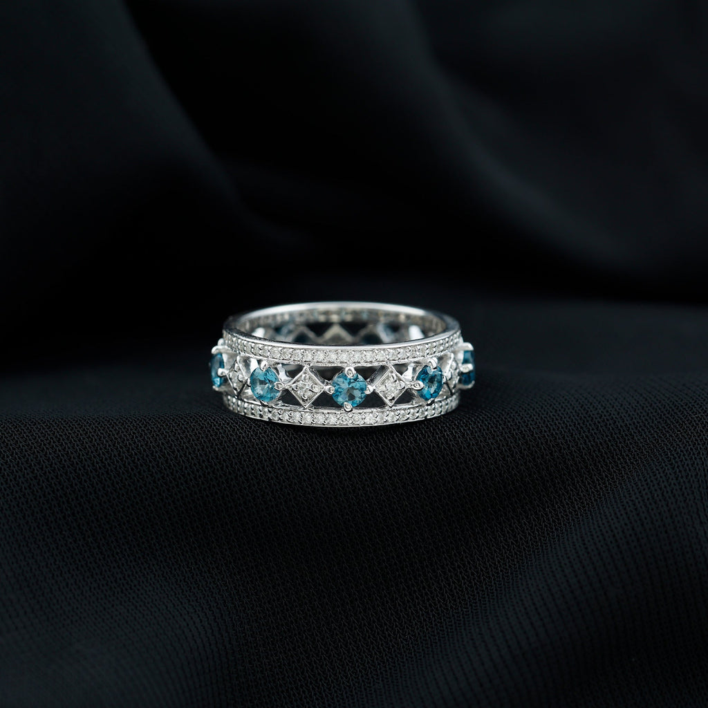London Blue Topaz Vintage Inspired Eternity Band with Diamond