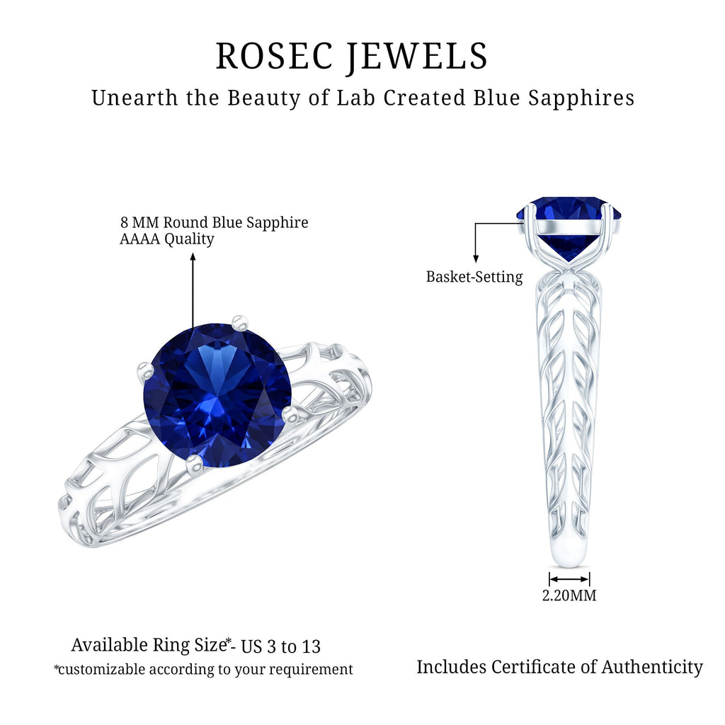 AAAA Quality Lab Created Blue Sapphire Solitaire Ring with Filigree Shank