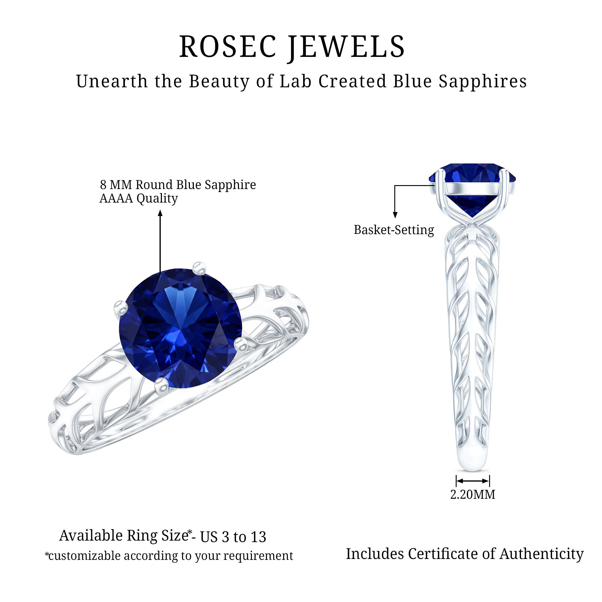 AAAA Quality Lab Created Blue Sapphire Solitaire Ring with Filigree Shank