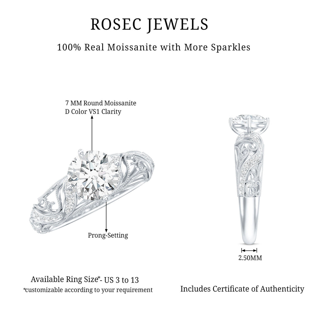 Round Cut Moissanite Vintage Engagement Ring With Diagonal Prongs