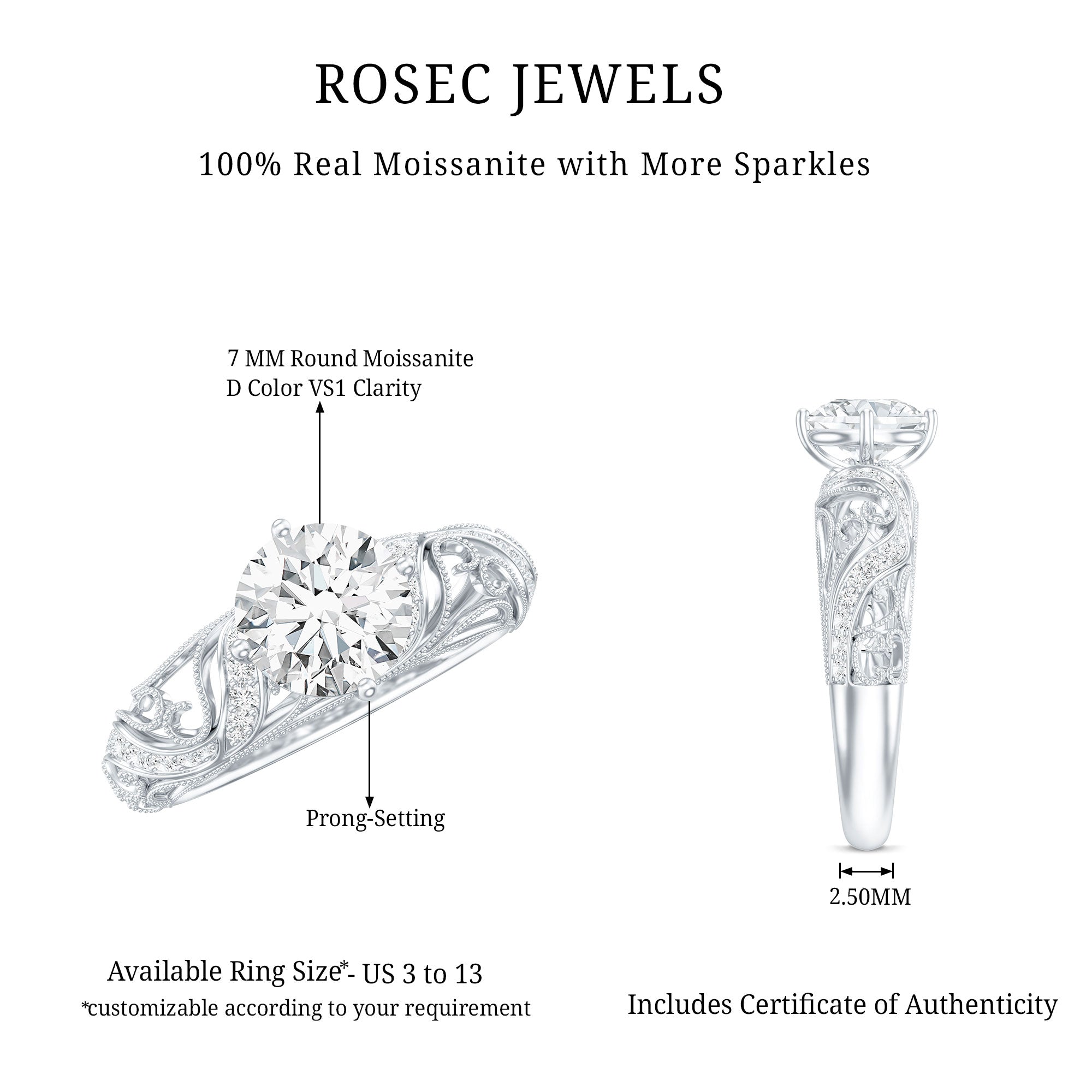 Round Cut Moissanite Vintage Engagement Ring With Diagonal Prongs