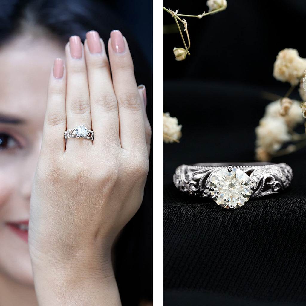Round Cut Moissanite Vintage Engagement Ring With Diagonal Prongs