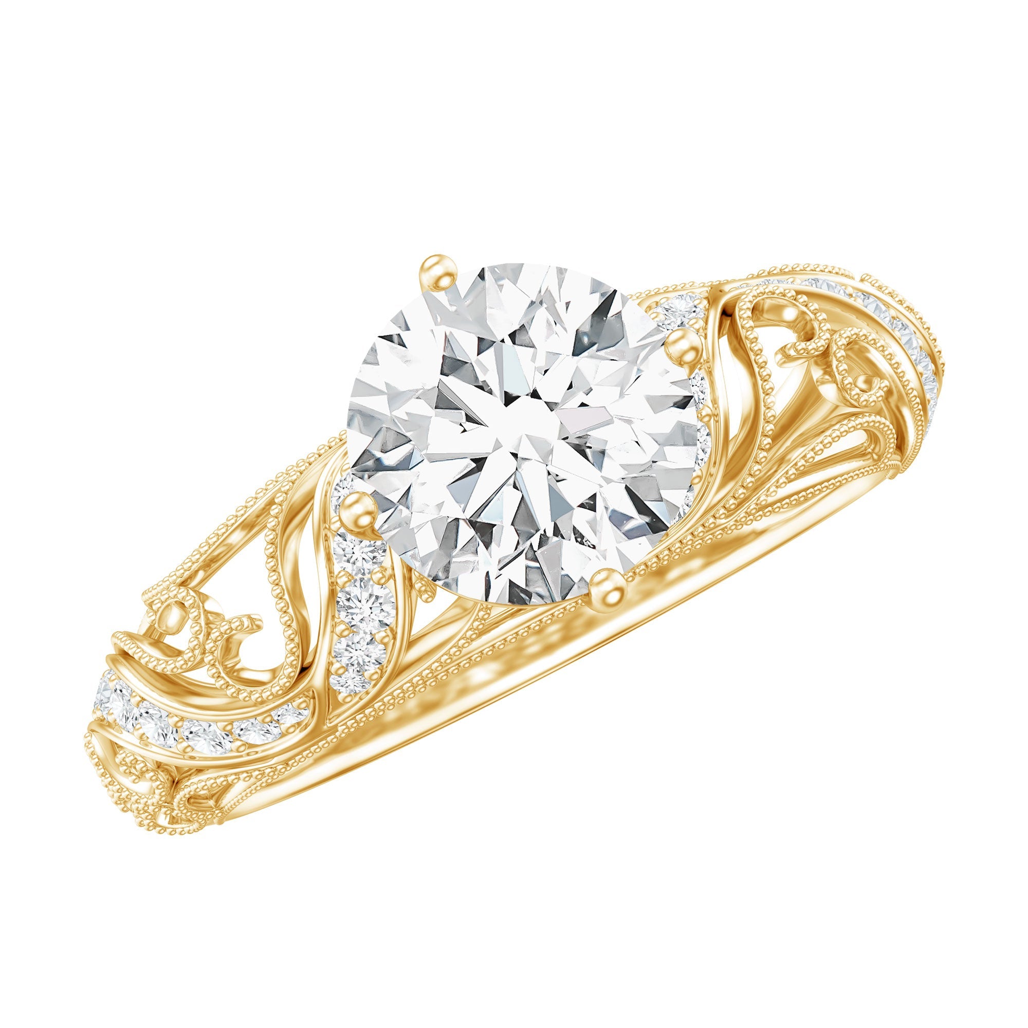 Round Cut Moissanite Vintage Engagement Ring With Diagonal Prongs | Rings | Wiccan Center