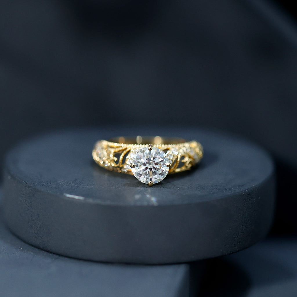 Round Cut Moissanite Vintage Engagement Ring With Diagonal Prongs