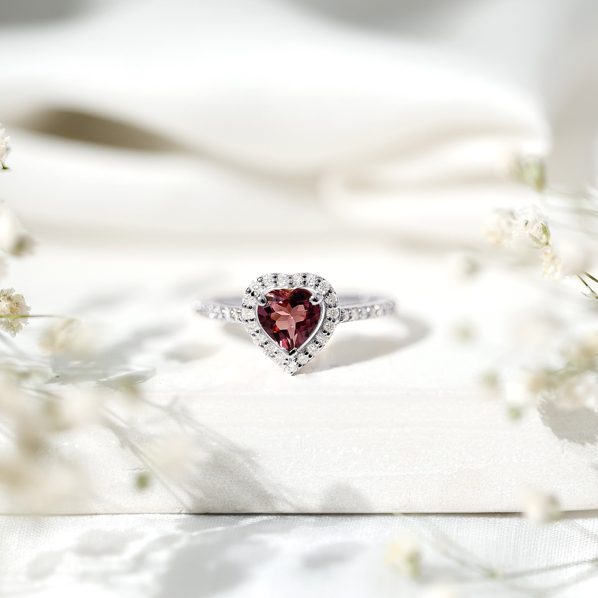 Heart Shape Pink Tourmaline Engagement Ring with Diamond Halo