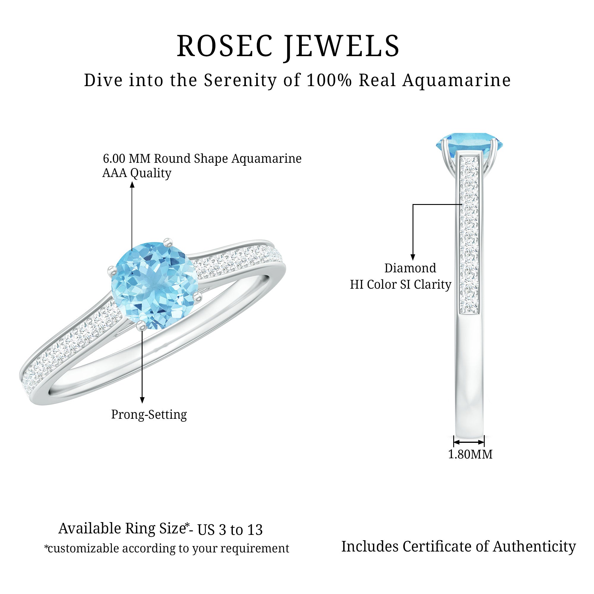 Certified Real Aquamarine Solitaire Ring with Diamond Side Stones