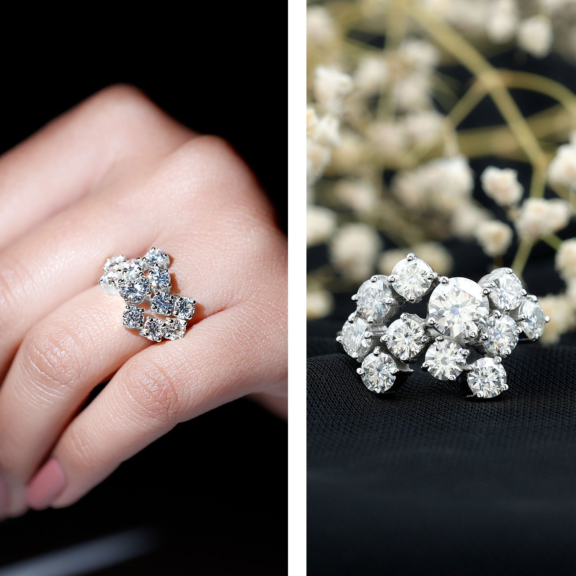 Certified Round Moissanite Cluster Engagement Ring for Women