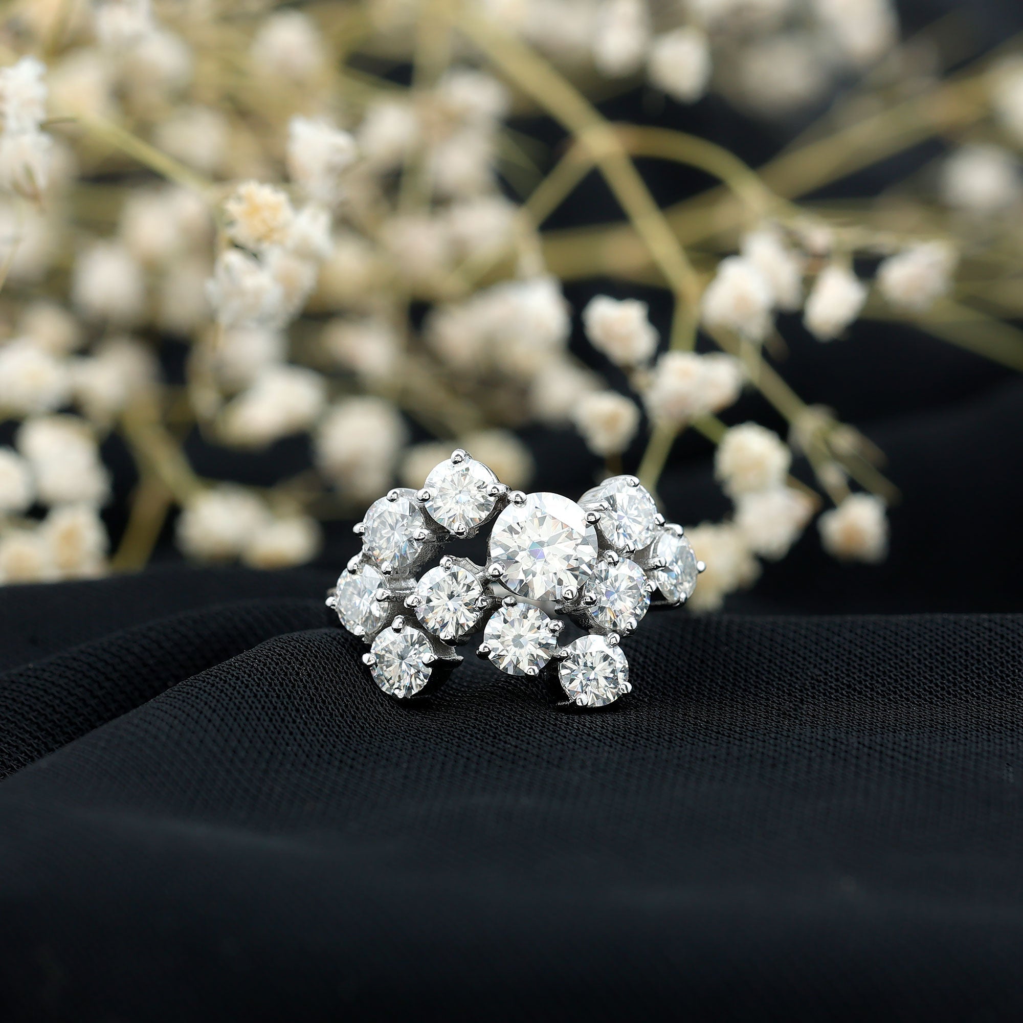 Certified Round Moissanite Cluster Engagement Ring for Women