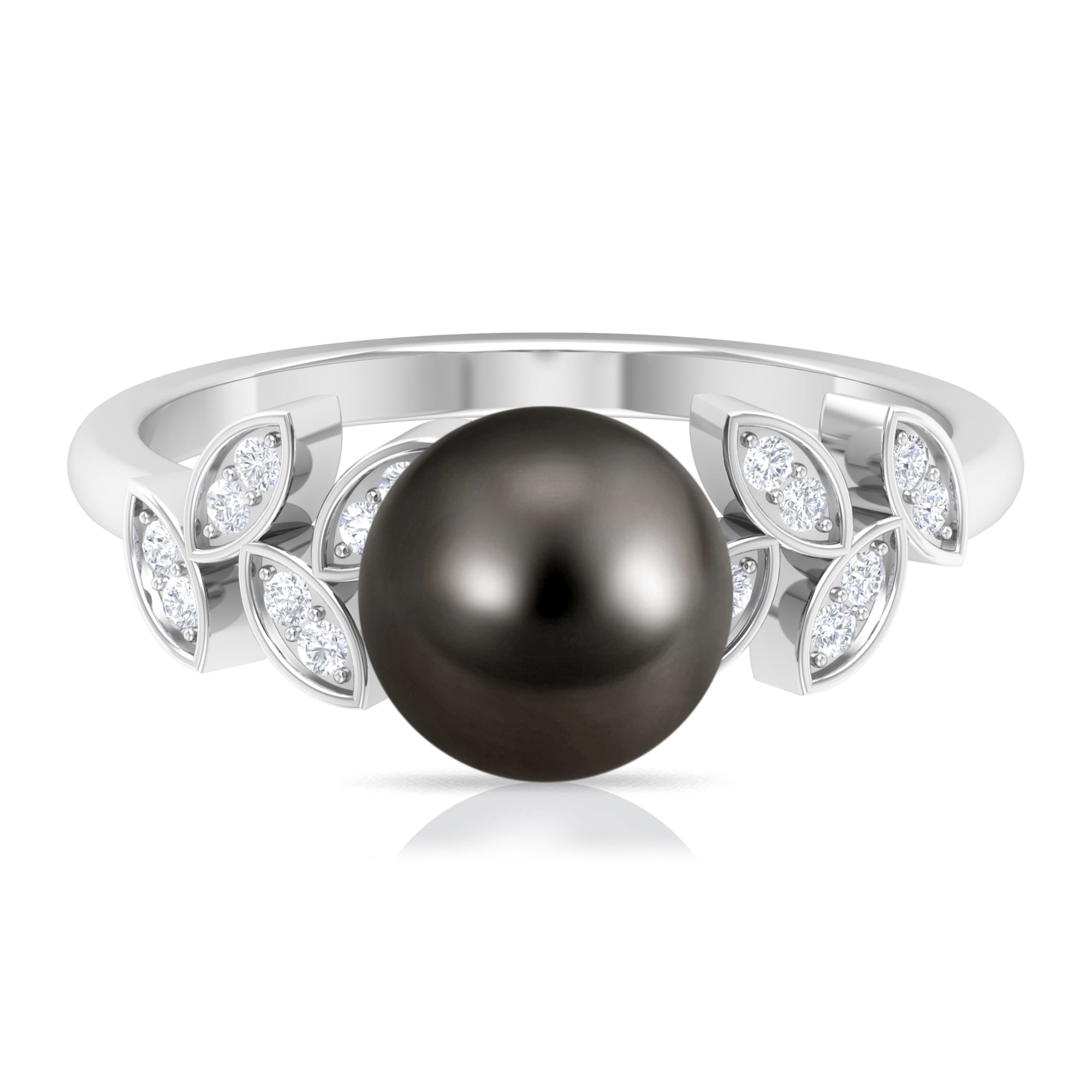 Tahitian Black Pearl and Diamond Leaf Minimal Engagement Ring