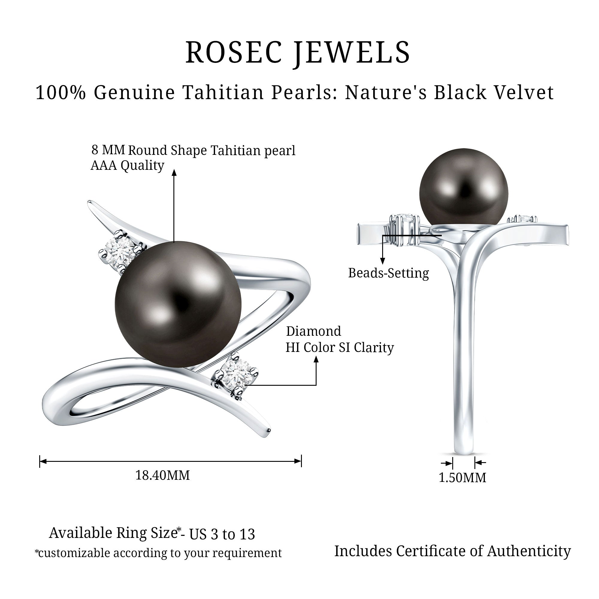 Tahitian Black Pearl Bypass Engagement Ring with Diamond