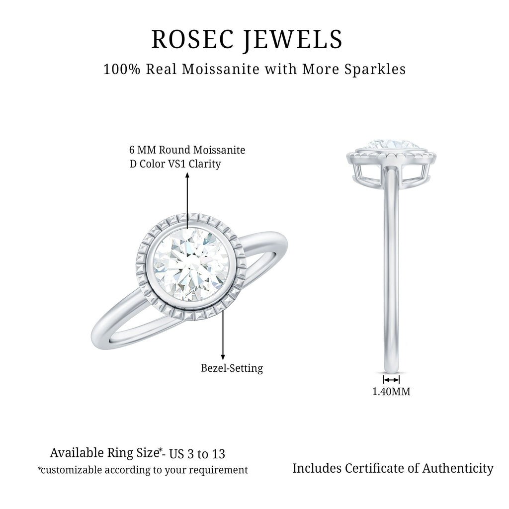 0.9 Carat Round Moissanite Solitaire Engagement Ring in Bezel Setting
