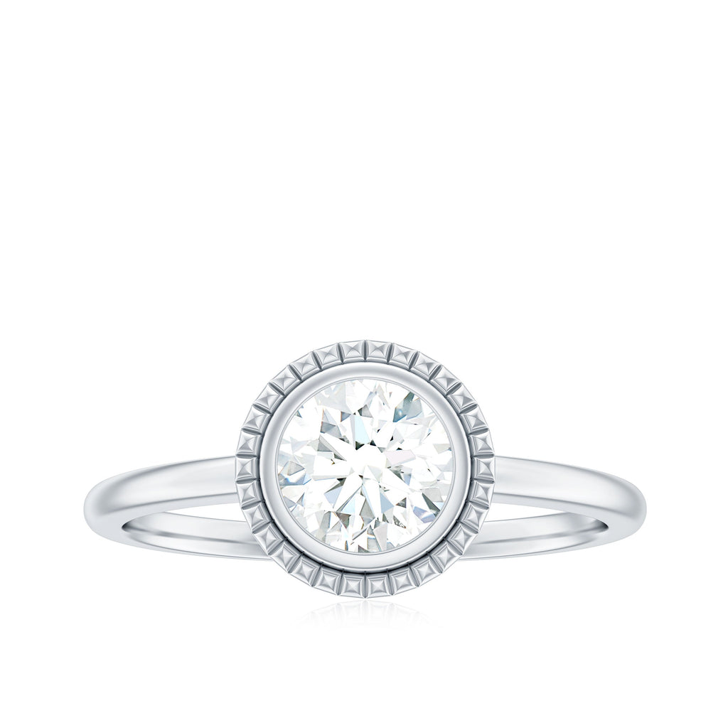 0.9 Carat Round Moissanite Solitaire Engagement Ring in Bezel Setting