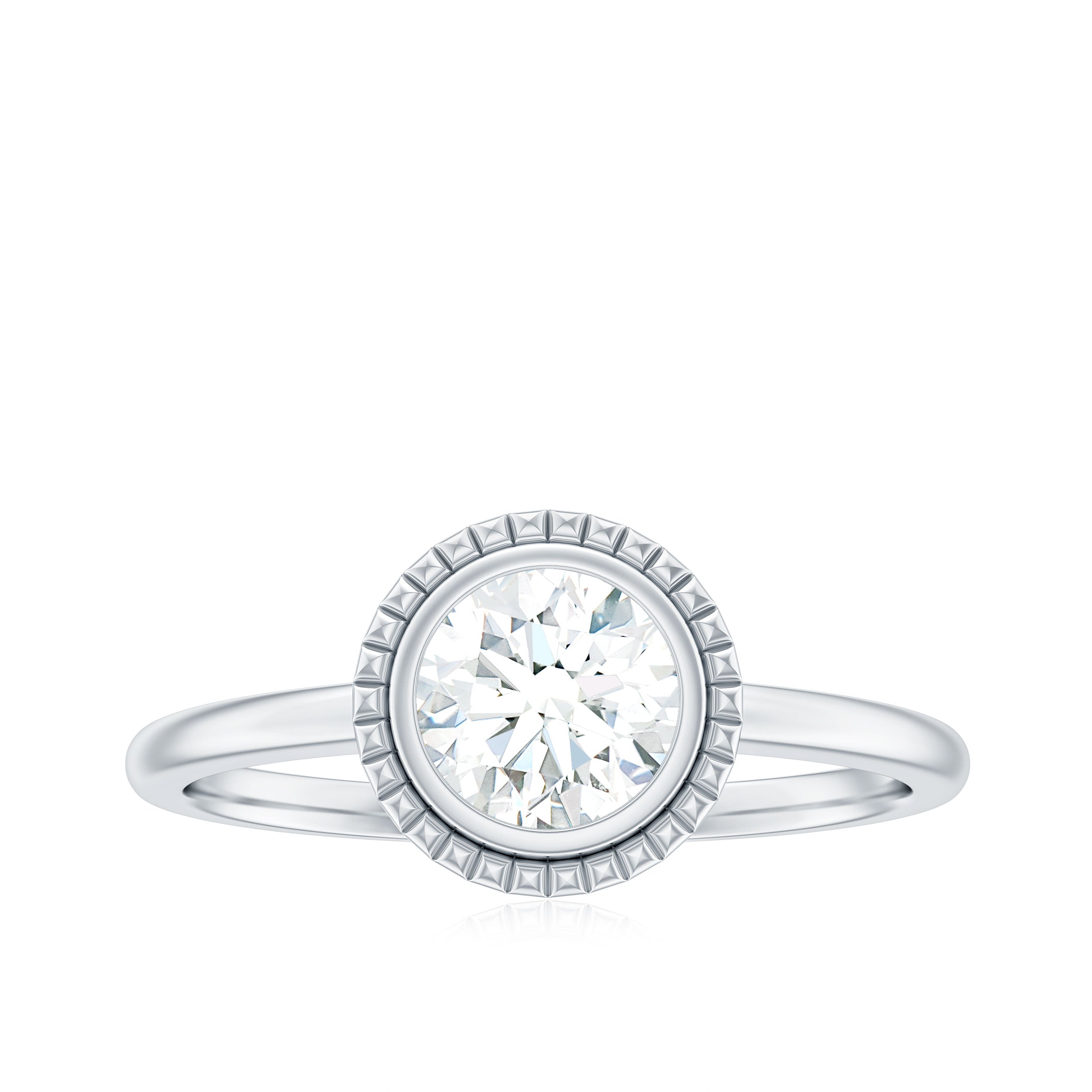 0.9 Carat Round Moissanite Solitaire Engagement Ring in Bezel Setting