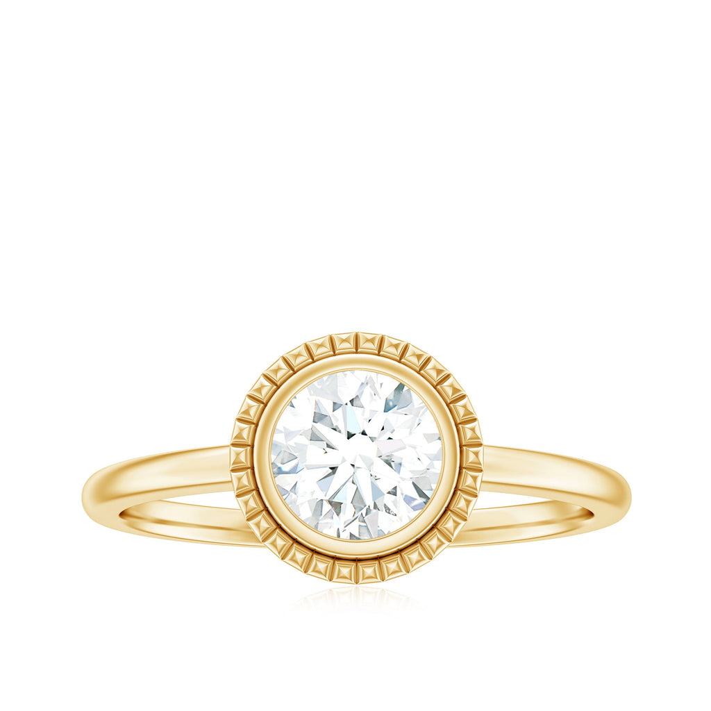 0.9 Carat Round Moissanite Solitaire Engagement Ring in Bezel Setting
