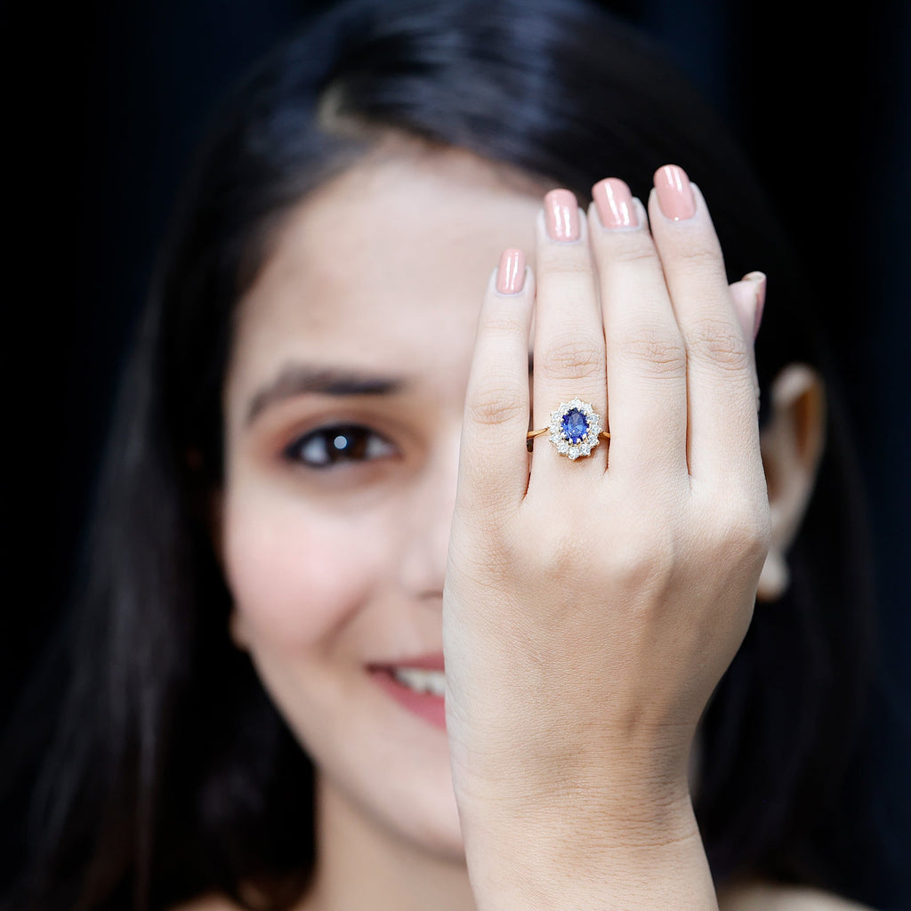 Certified 1.5 Carat Oval Lab Grown Blue Sapphire Princess Diana Engagement Ring with Diamond