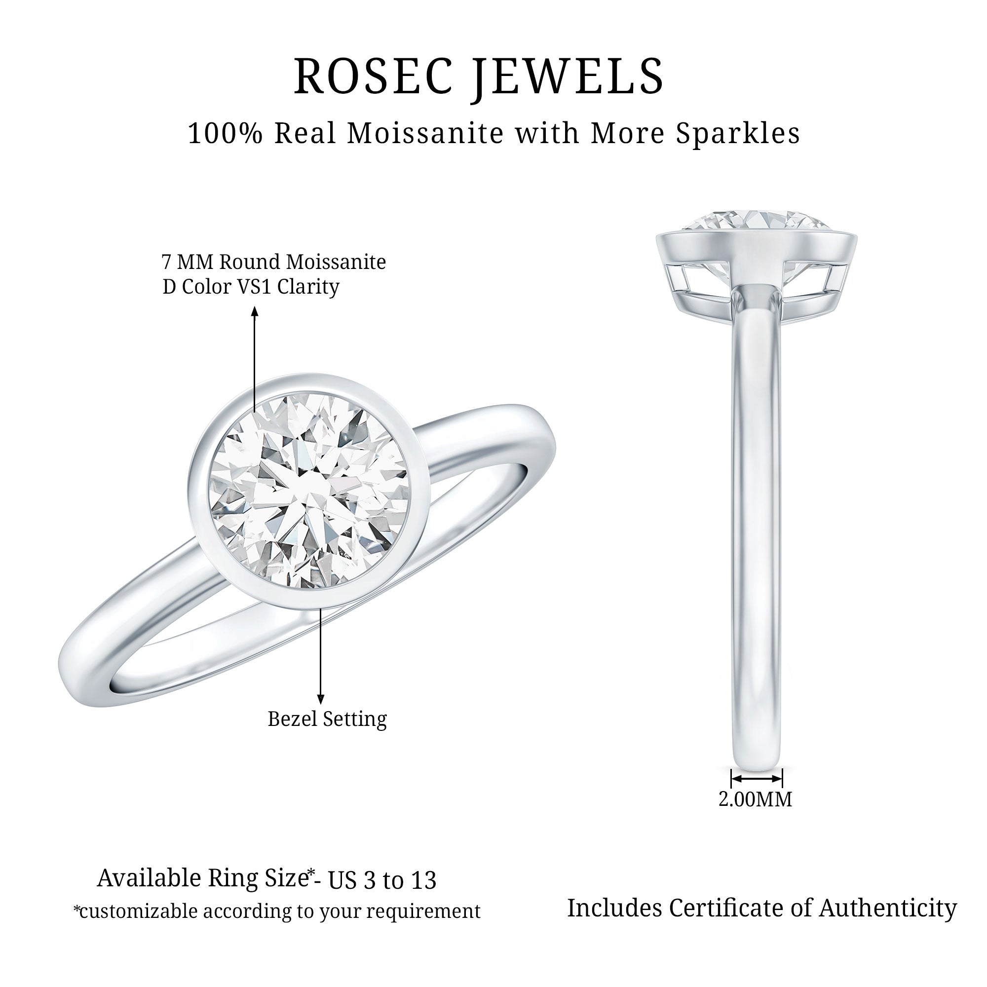1.3 CT Moissanite Bezel Set Engagement Ring For Women