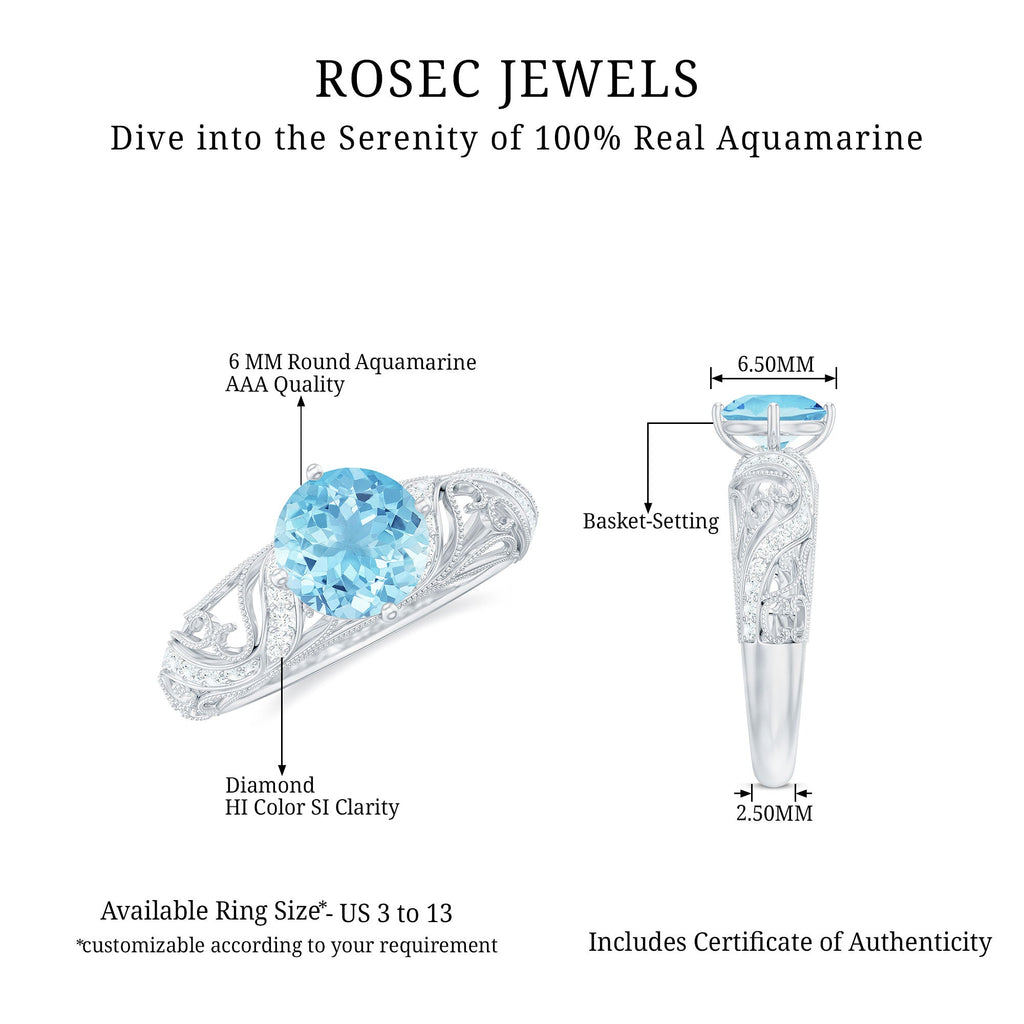 0.8 Carat Vintage Style Aquamarine and Diamond Engagement Ring