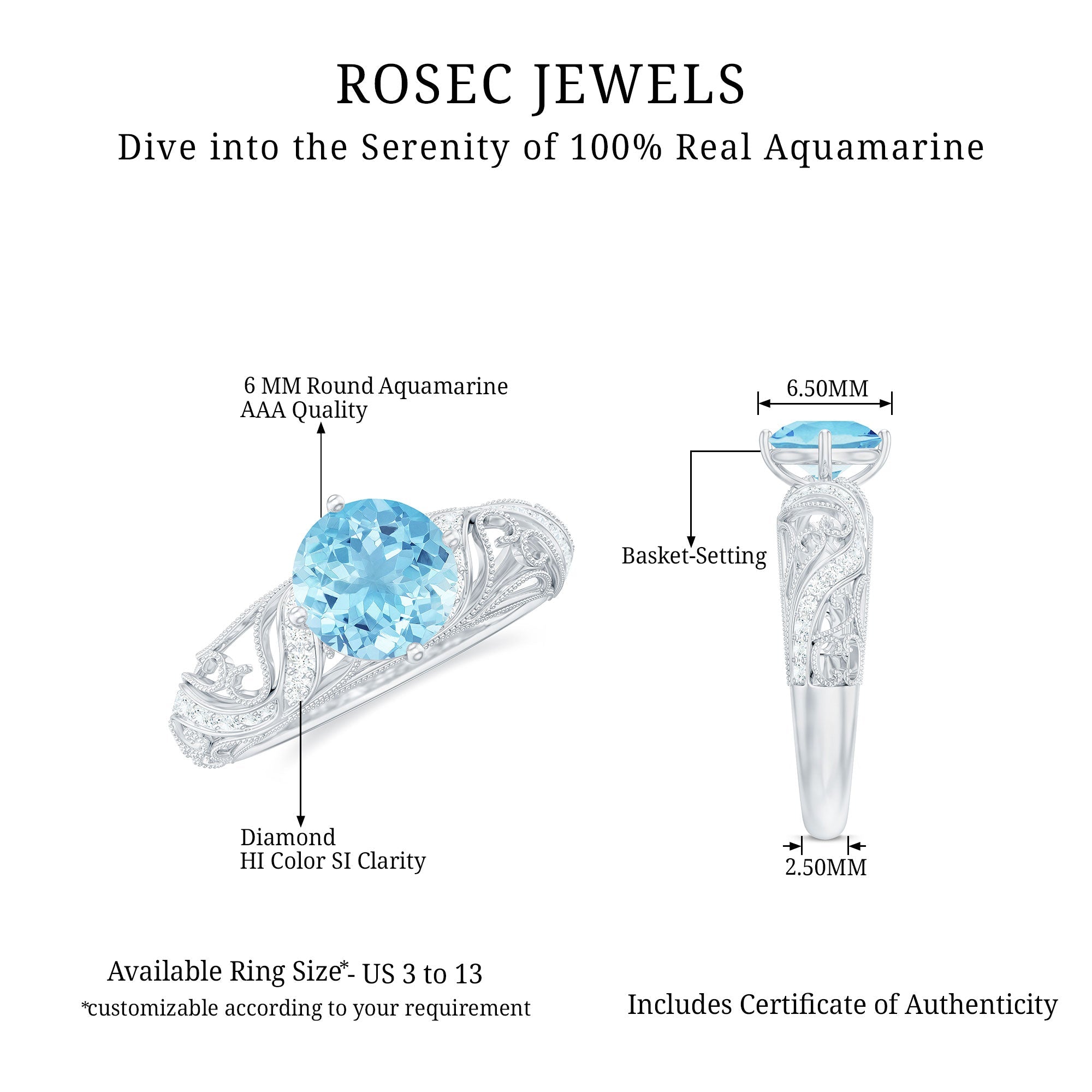 0.8 Carat Vintage Style Aquamarine and Diamond Engagement Ring