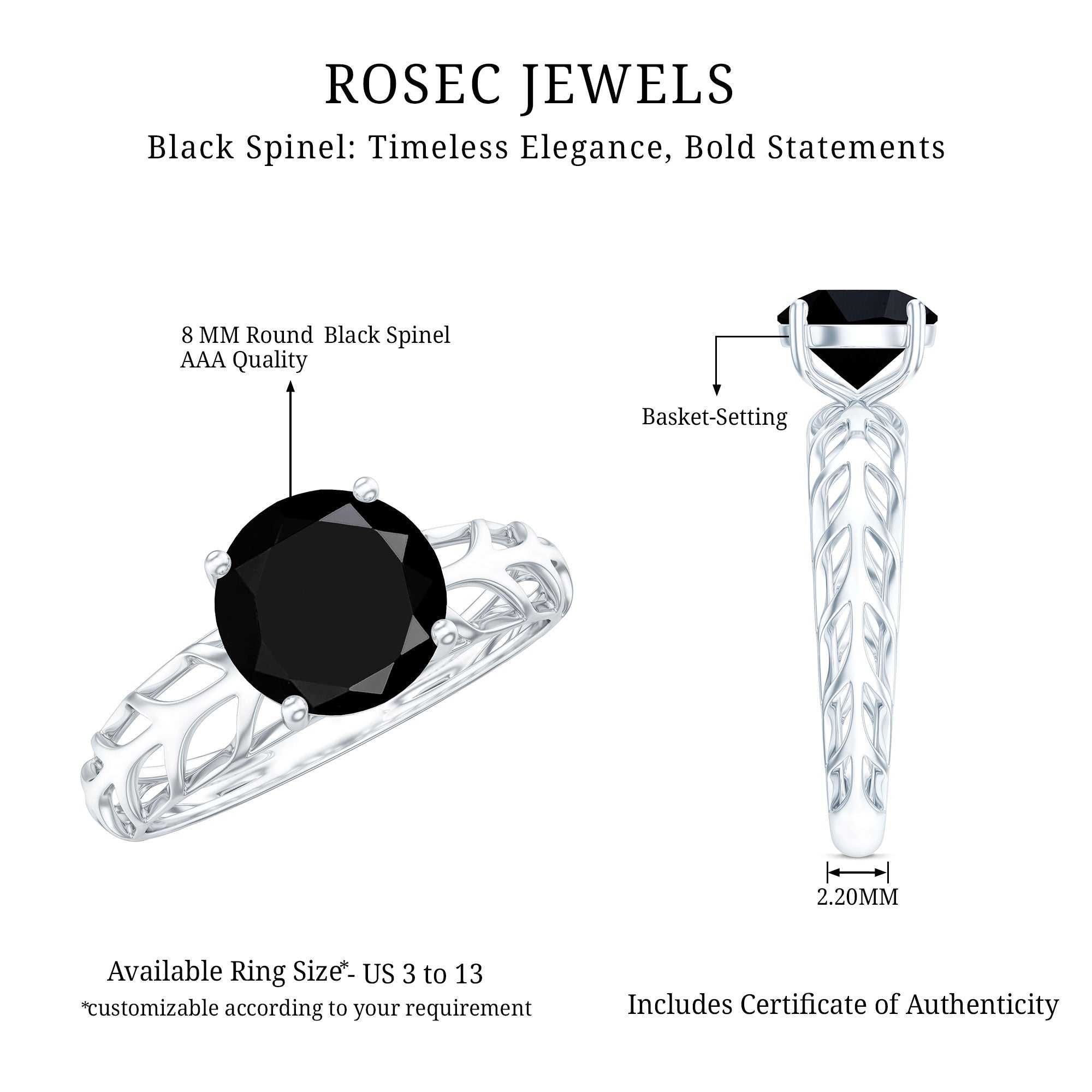 Natural 2.6 Carat Black Spinel Solitaire Engagement Ring for Women