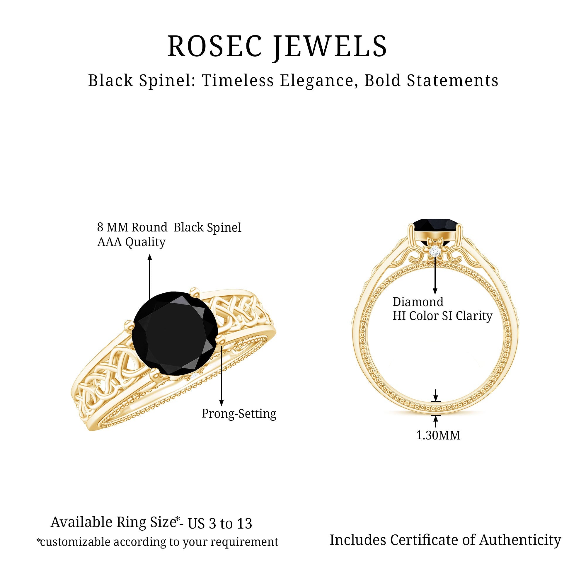 Vintage Style Black Spinel Diamond Engagement Ring with Celtic Knot