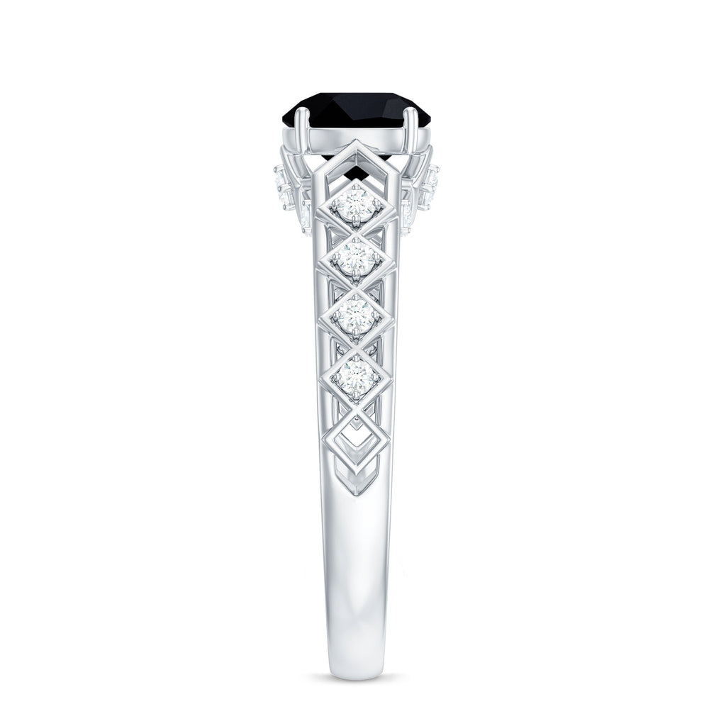 Art Deco Inspired Black Spinel Solitaire Engagement Ring with Diamond