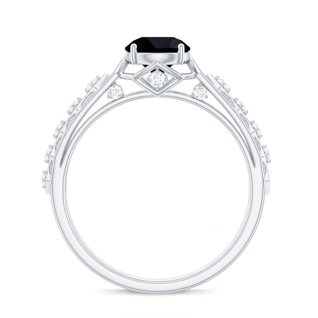 Art Deco Inspired Black Spinel Solitaire Engagement Ring with Diamond