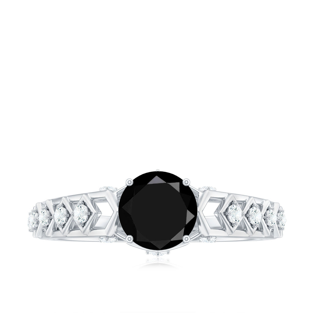 Art Deco Inspired Black Spinel Solitaire Engagement Ring with Diamond