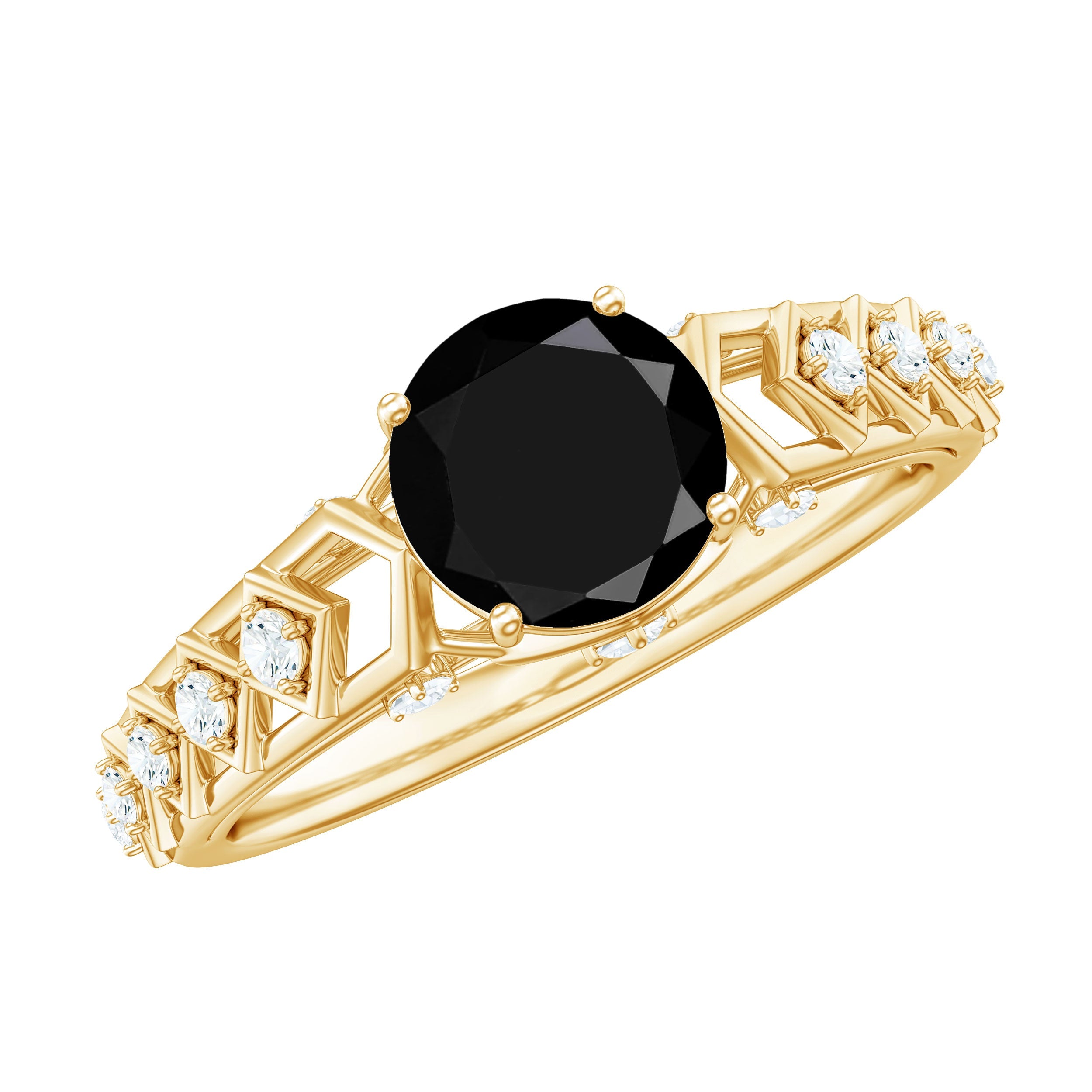 Art Deco Inspired Black Spinel Solitaire Engagement Ring with Diamond | Rings | Wiccan Center