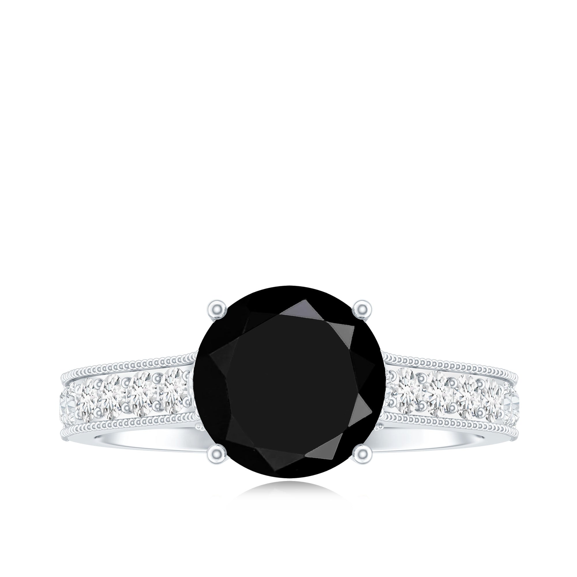 Natural Black Spinel Solitaire Engagement Ring with Diamond Side Stones
