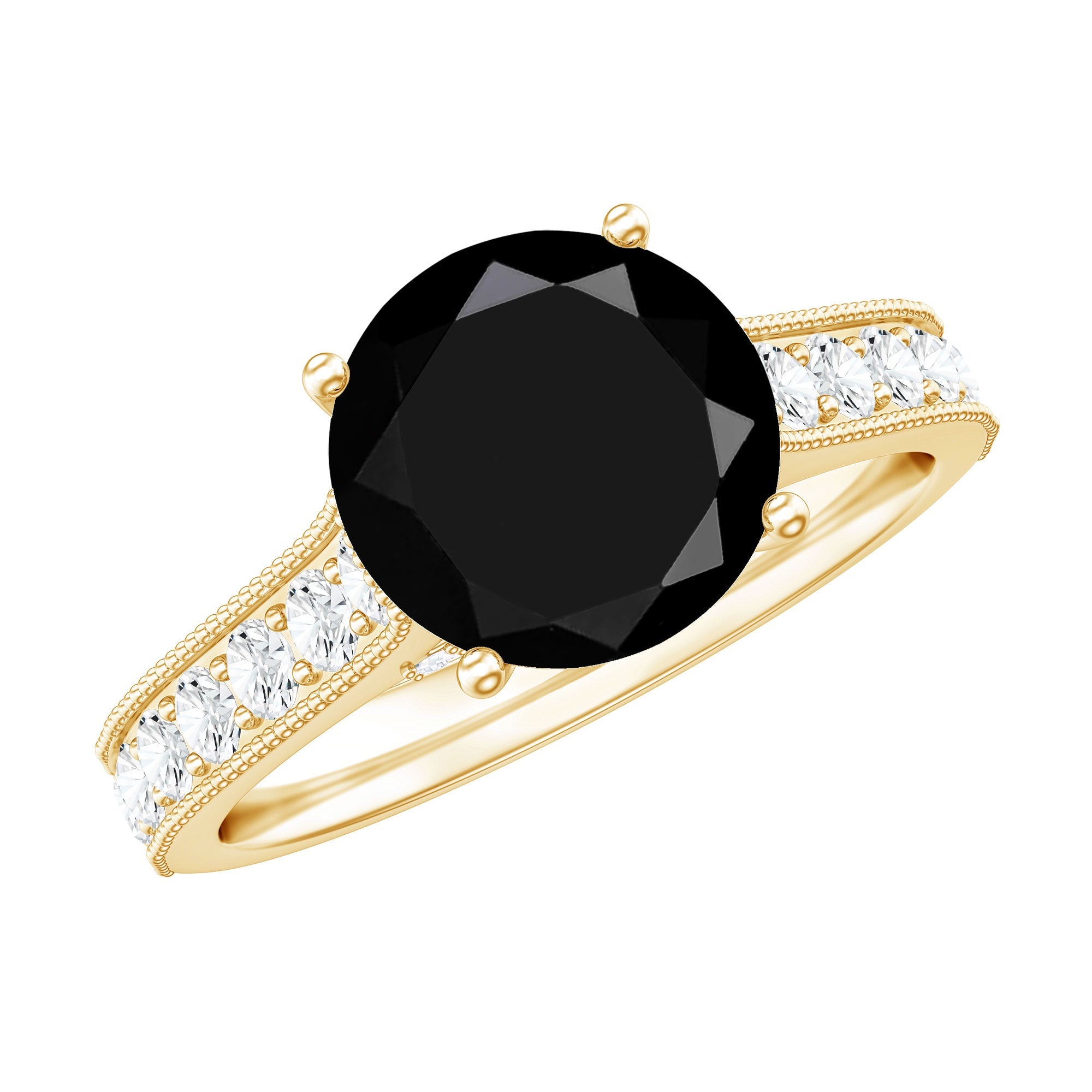 Natural Black Spinel Solitaire Engagement Ring with Diamond Side Stones | Rings | Wiccan Center