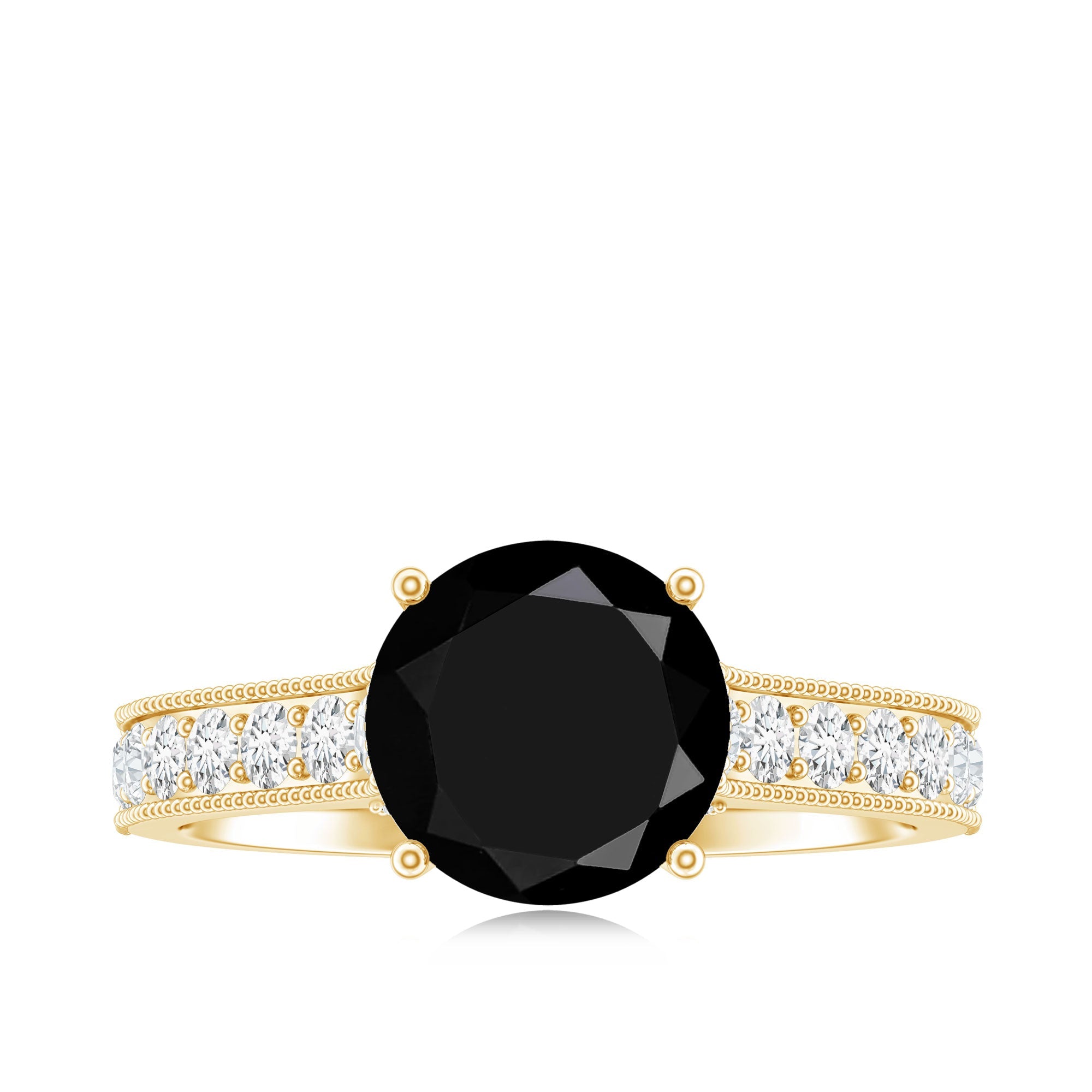 Natural Black Spinel Solitaire Engagement Ring with Diamond Side Stones