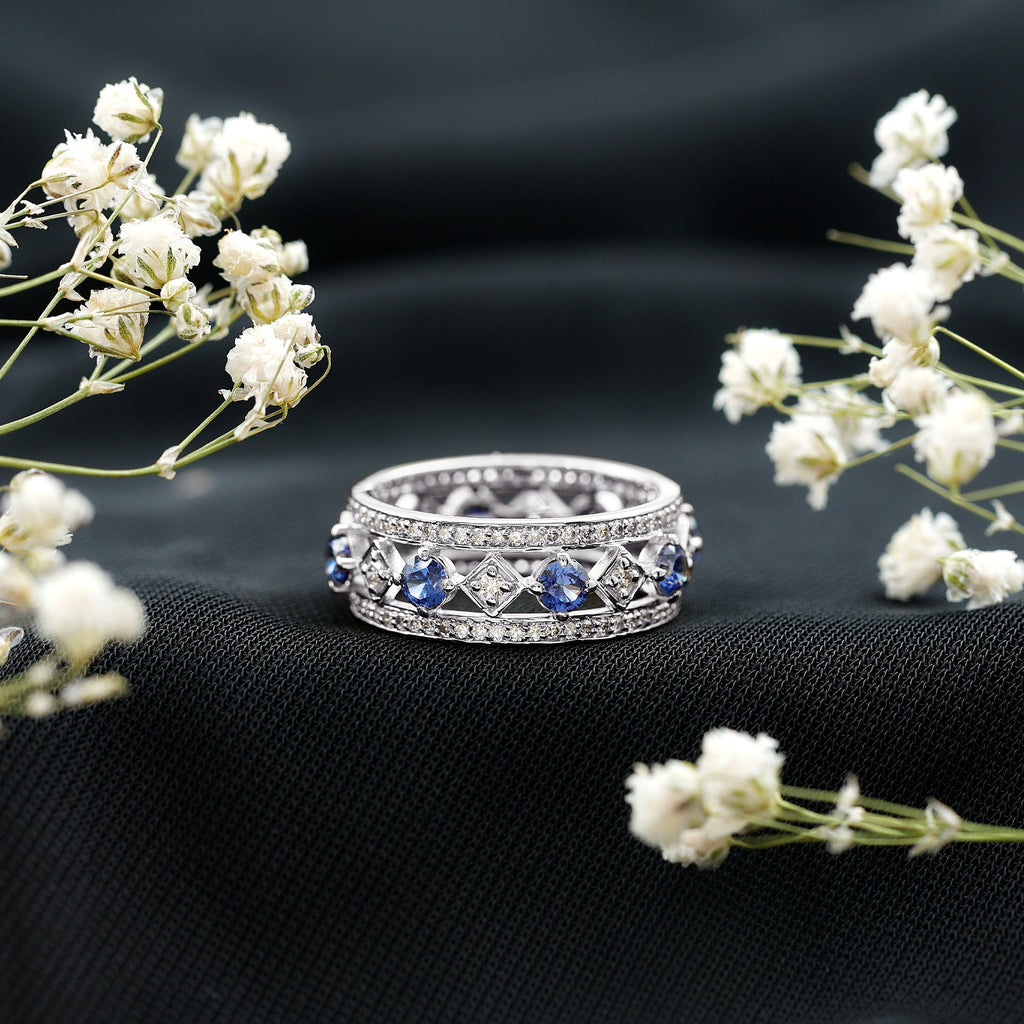 Lab Created Blue Sapphire and Diamond Full Eternity Band Ring