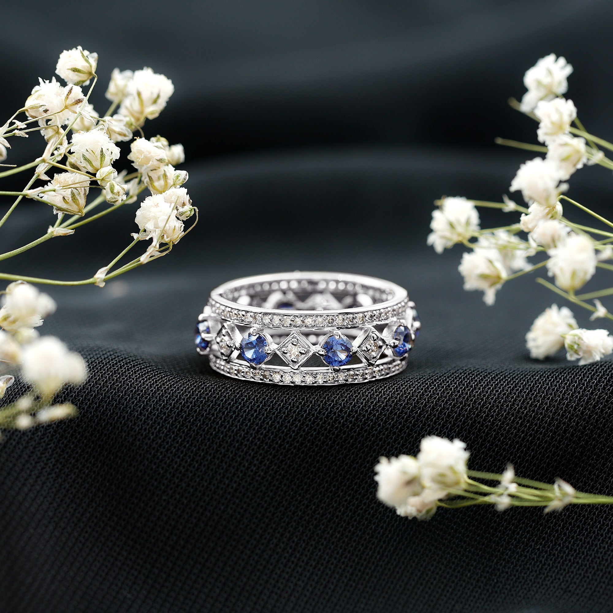 Lab Created Blue Sapphire and Diamond Full Eternity Band Ring