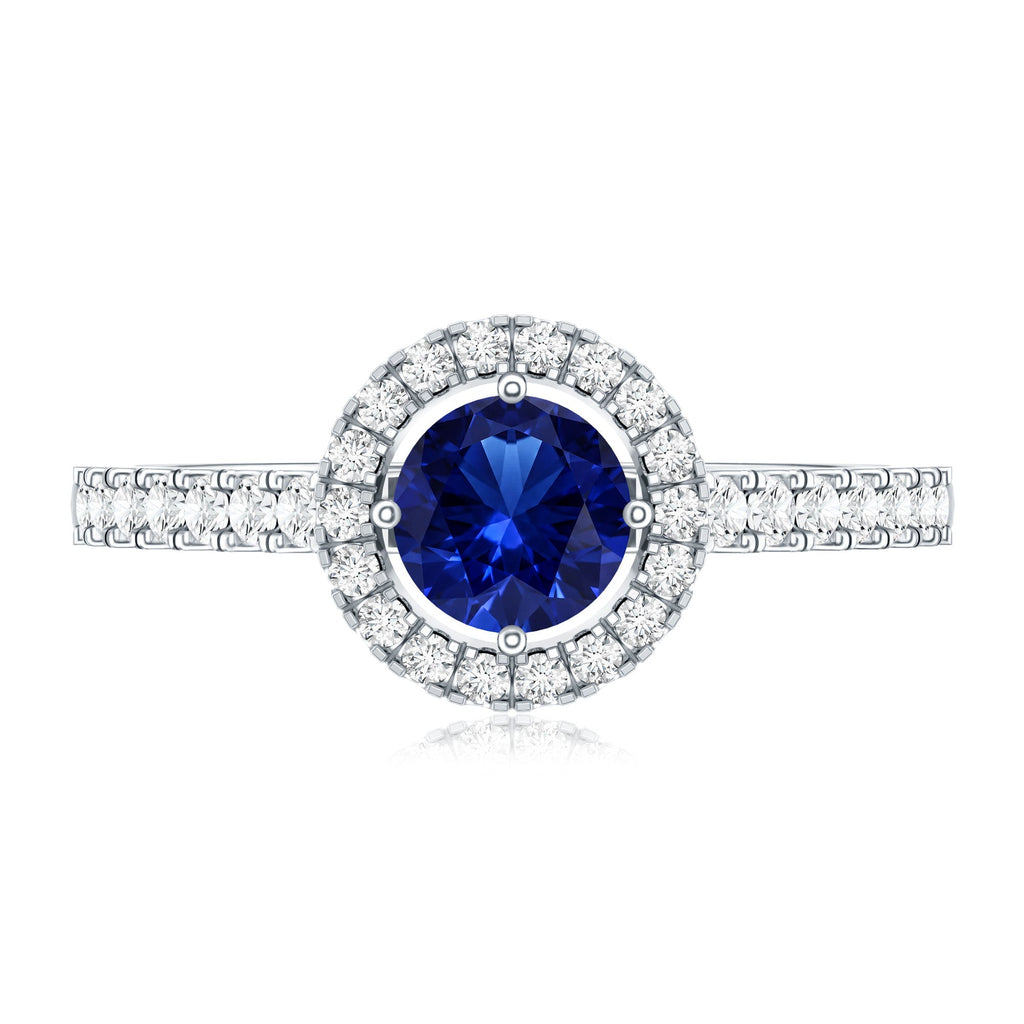 Certified 0.6 Carat Lab Grown Blue Sapphire Diamond Engagement Ring with Halo