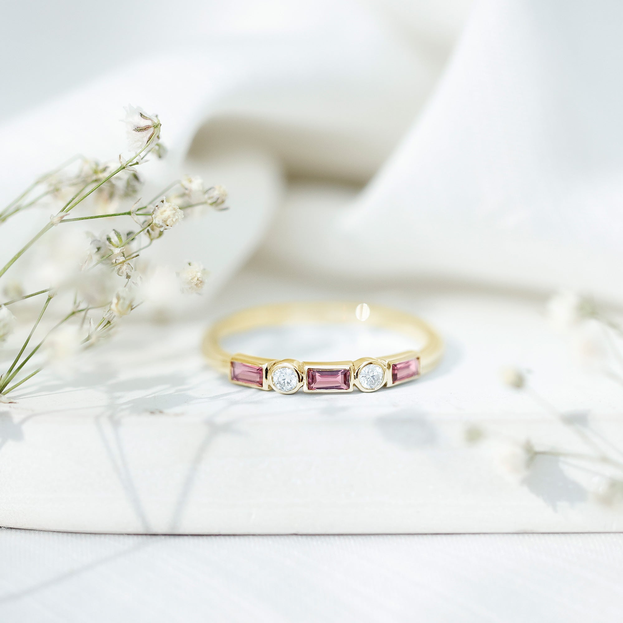 Pink Tourmaline and Diamond Stackable Ring in Bezel Setting
