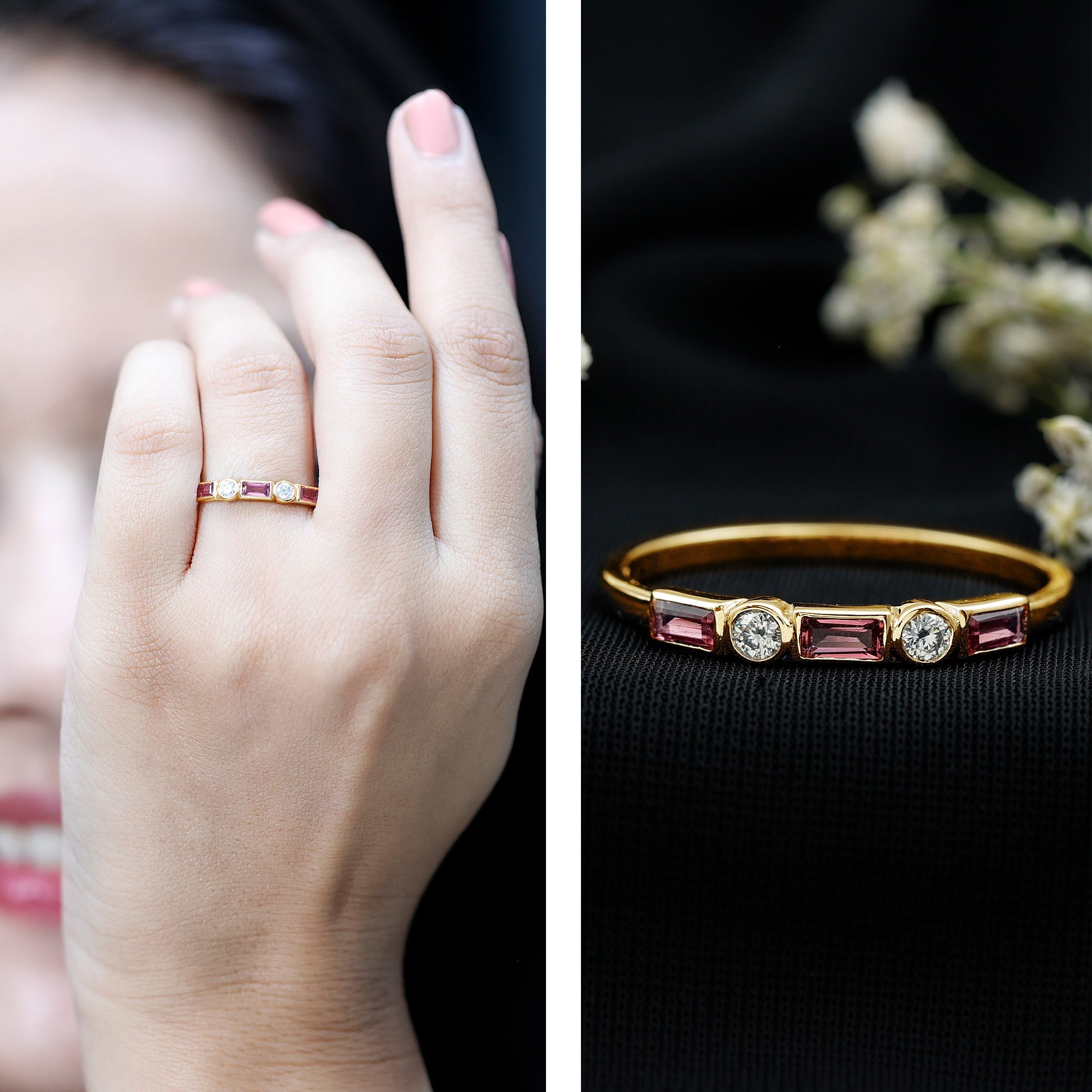 Pink Tourmaline and Diamond Stackable Ring in Bezel Setting