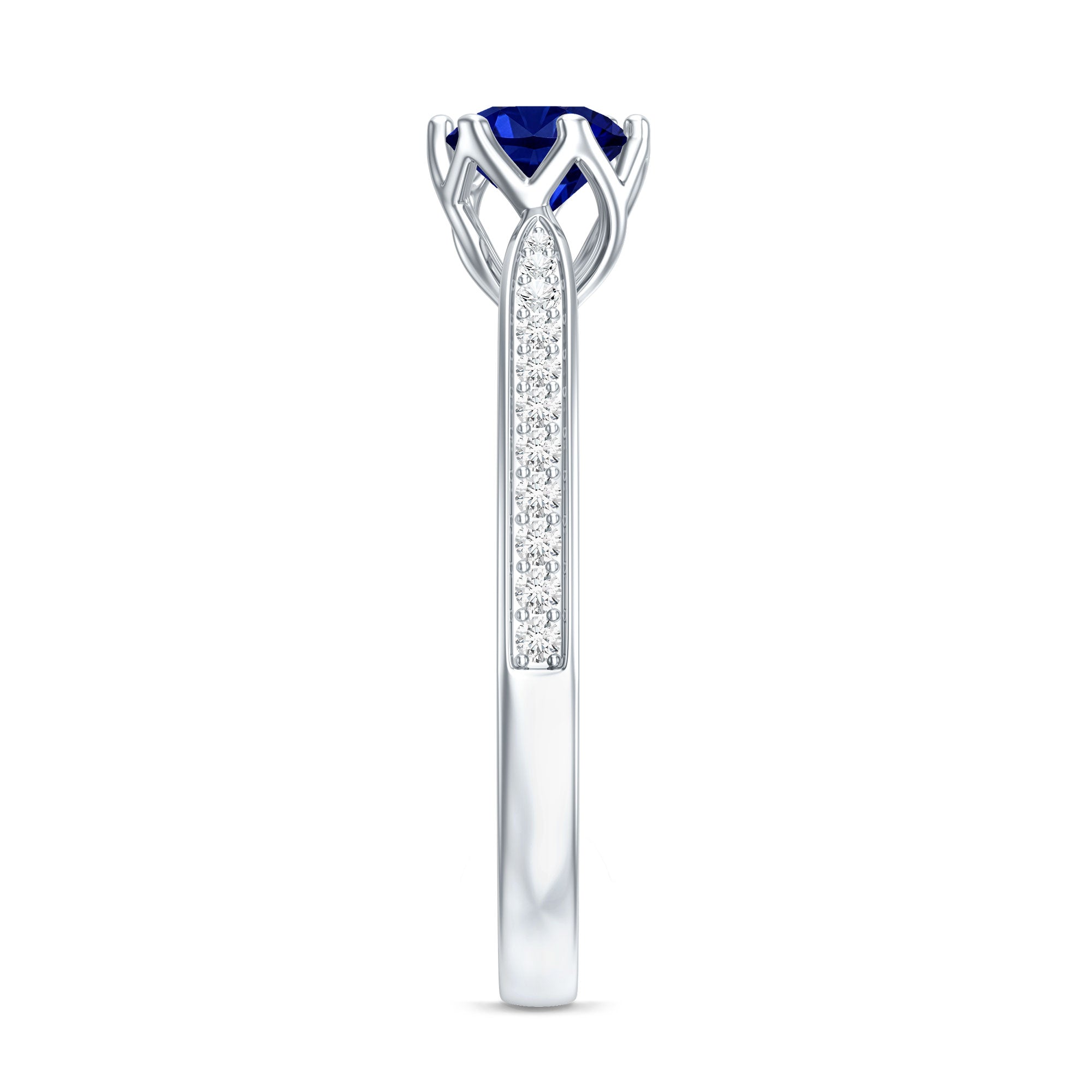 Certified Lab Created Blue Sapphire Minimal Engagement Ring with Diamond Side Stones