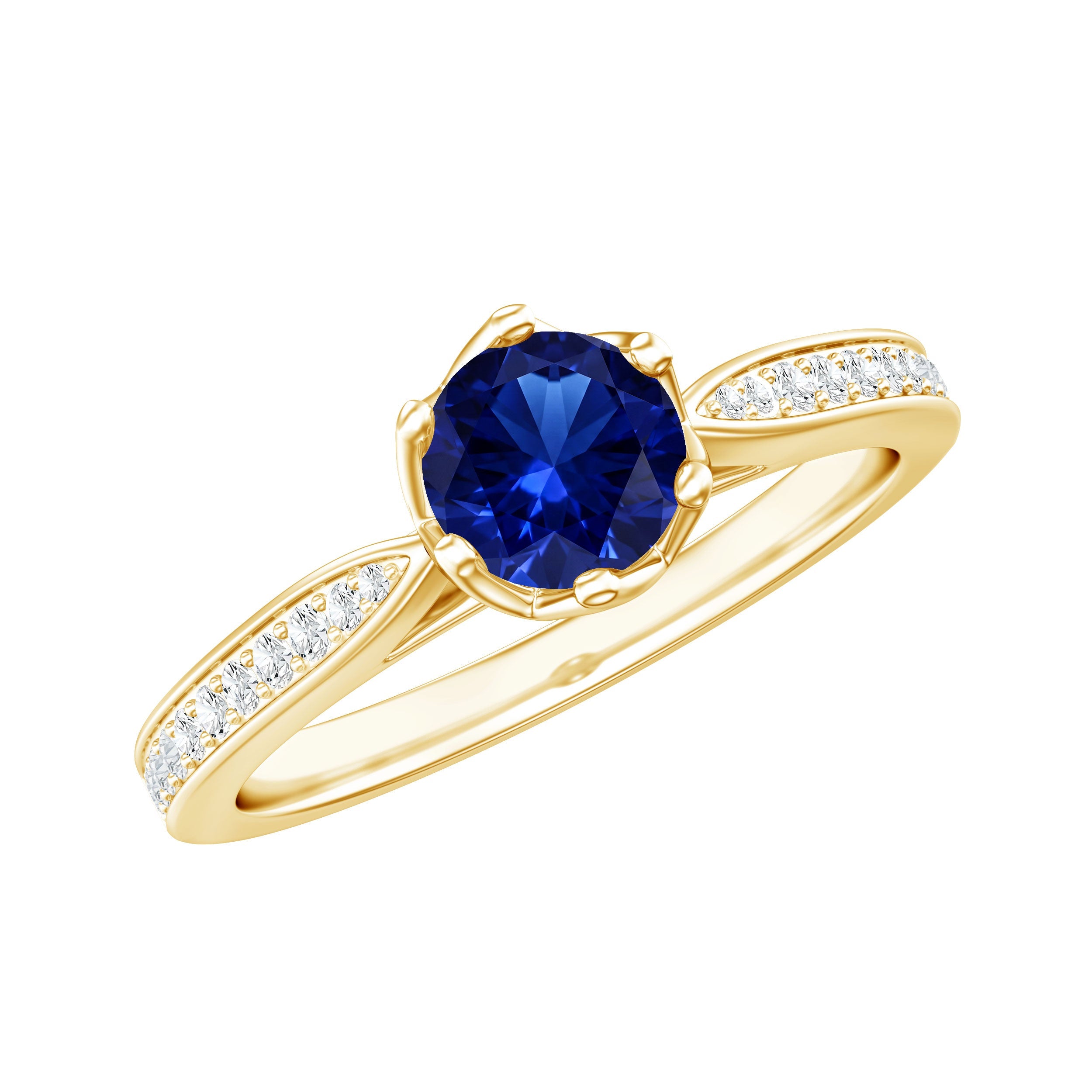 Certified Lab Created Blue Sapphire Minimal Engagement Ring with Diamond Side Stones | Rings | Wiccan Center