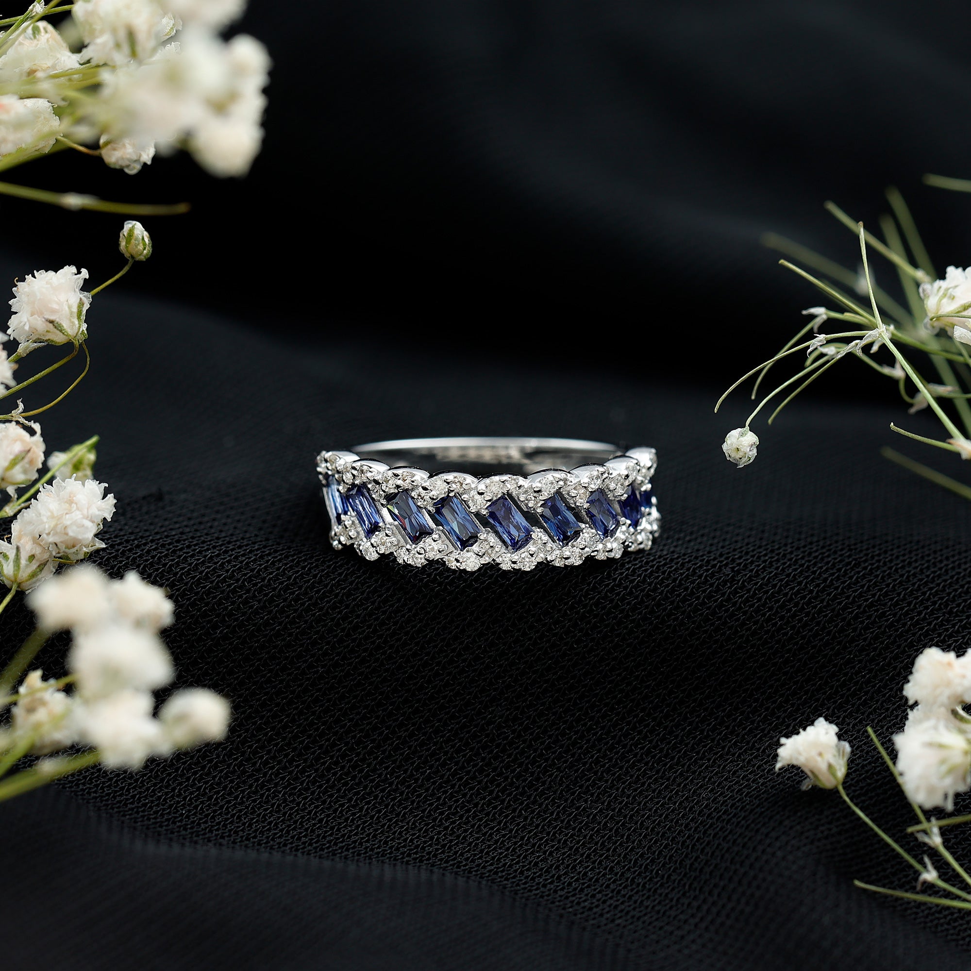 Certified Baguette Lab Grown Blue Sapphire Half Eternity Band with Diamond