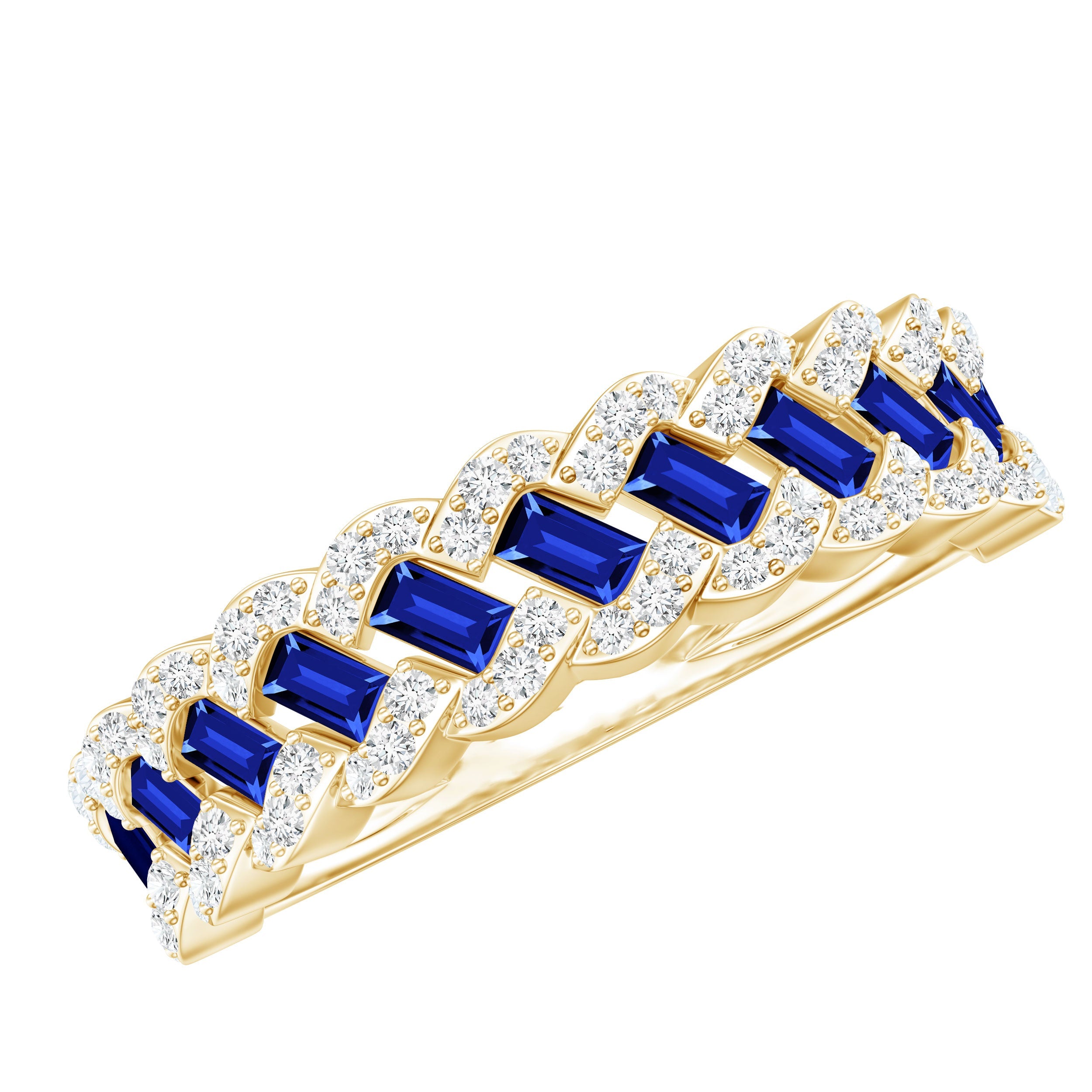 Certified Baguette Lab Grown Blue Sapphire Half Eternity Band with Diamond | Rings | Wiccan Center