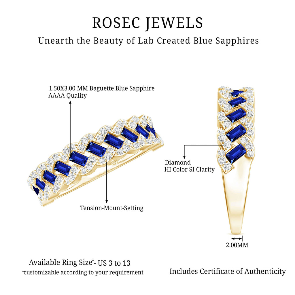 Certified Baguette Lab Grown Blue Sapphire Half Eternity Band with Diamond