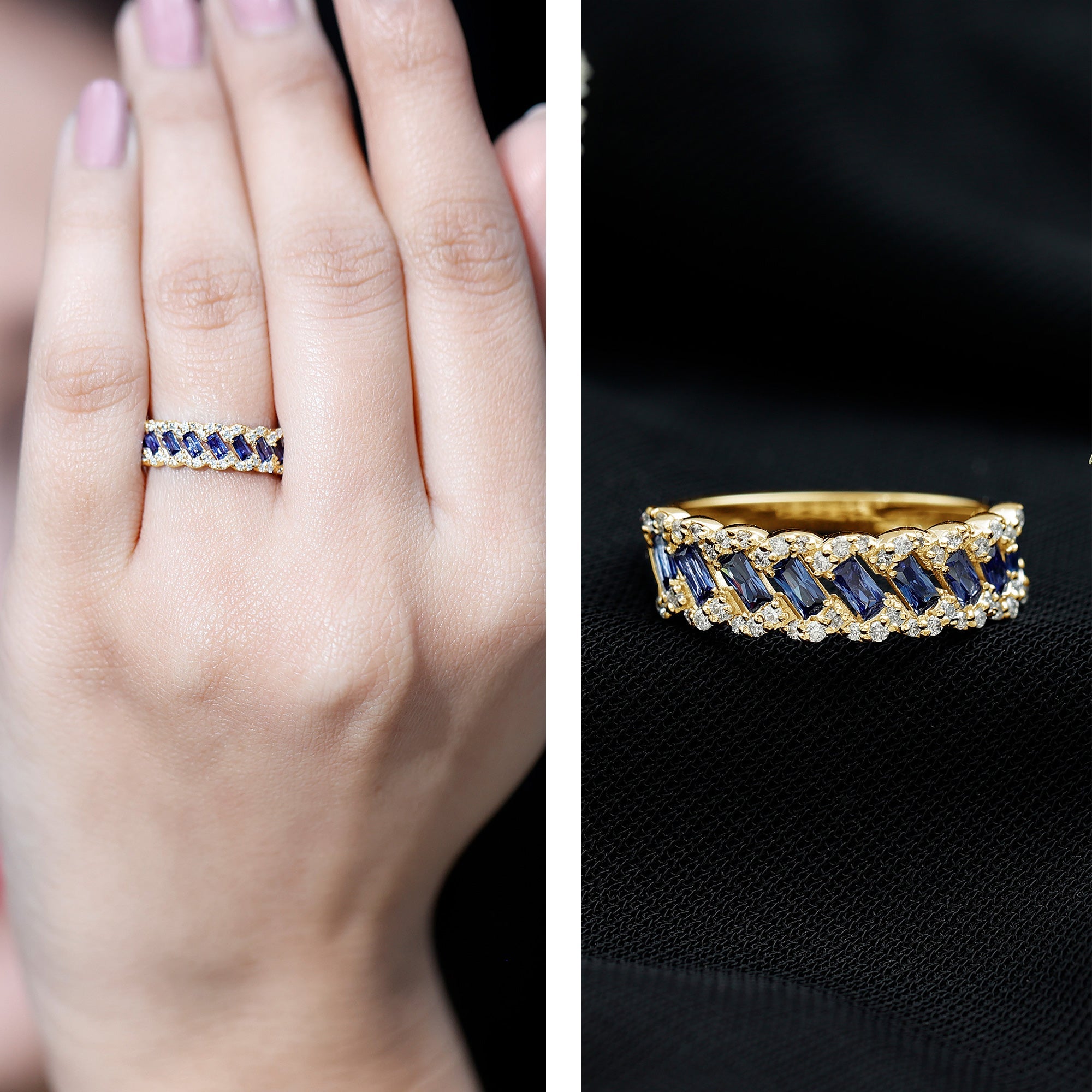 Certified Baguette Lab Grown Blue Sapphire Half Eternity Band with Diamond