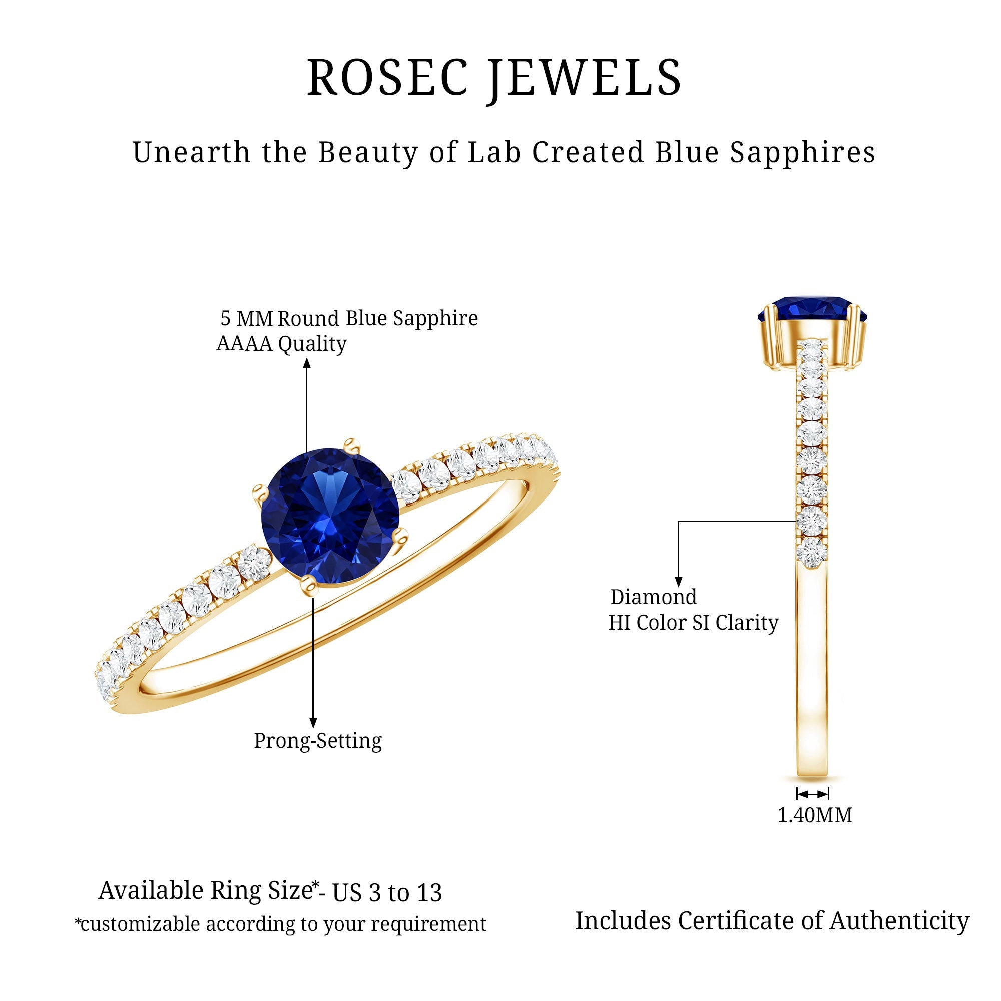 0.6 Carat Lab Created Blue Sapphire Promise Ring with Diamond Side Stones
