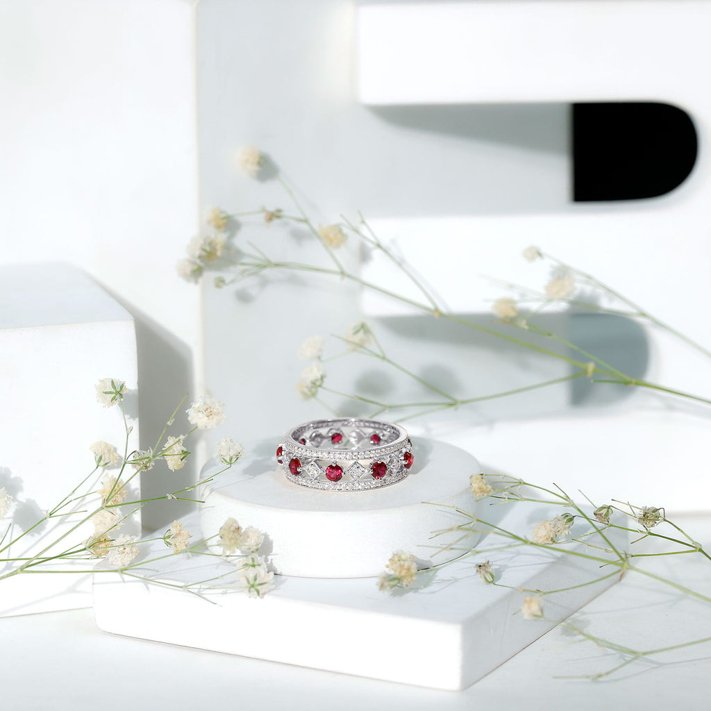 Lab Grown Ruby Vintage Wedding Band Ring With Moissanite