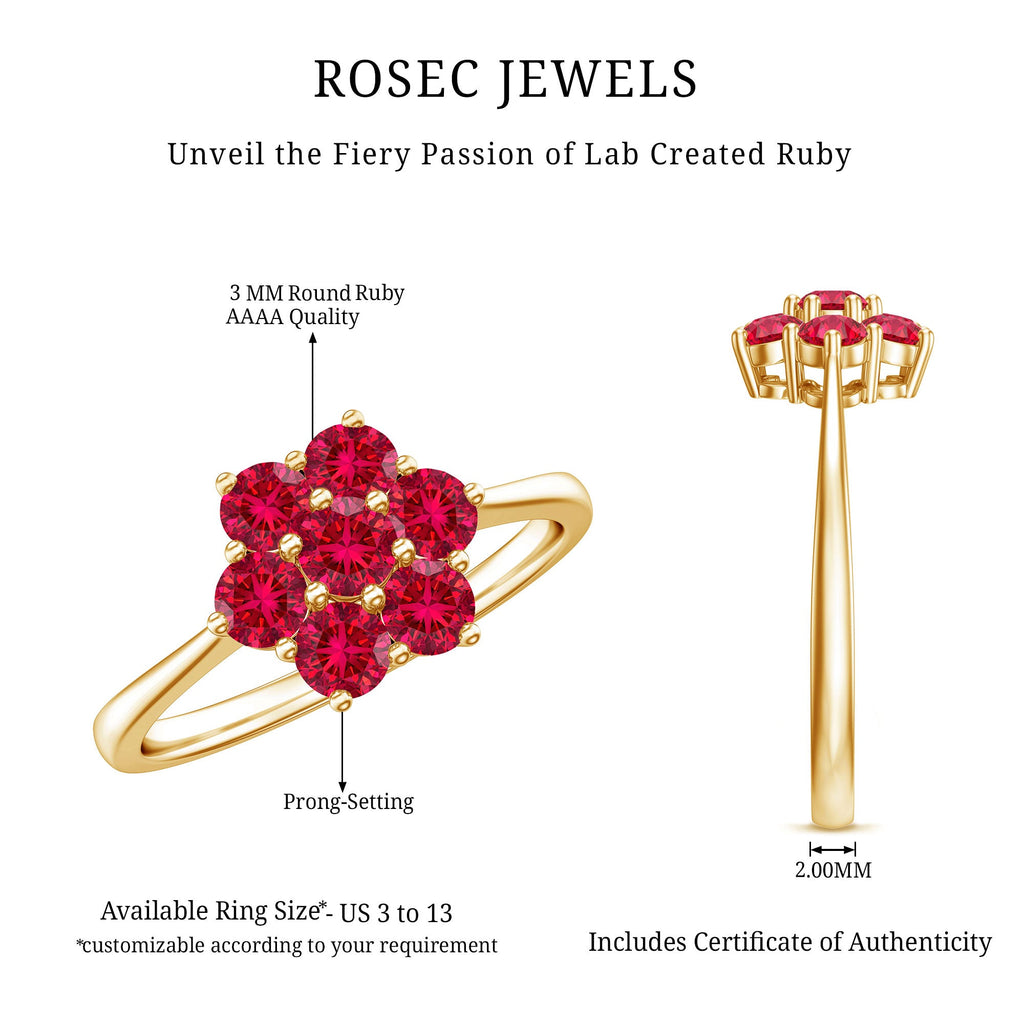 Certified Round Cut Lab Created Ruby Cluster Flower Ring